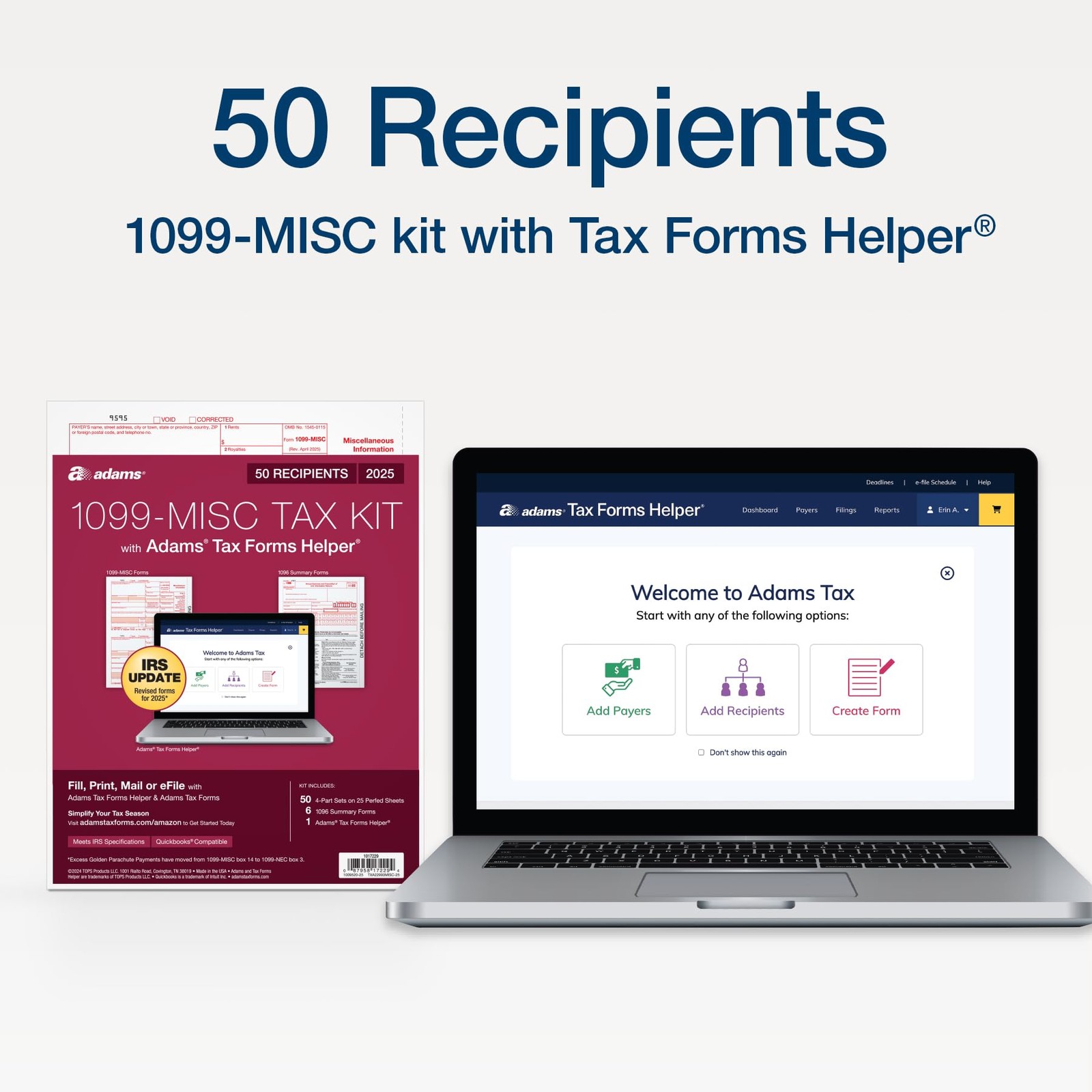 Adams 1099 MISC Forms 2025, 4-Part Kit for 50 Recipients, Includes 6 1096…