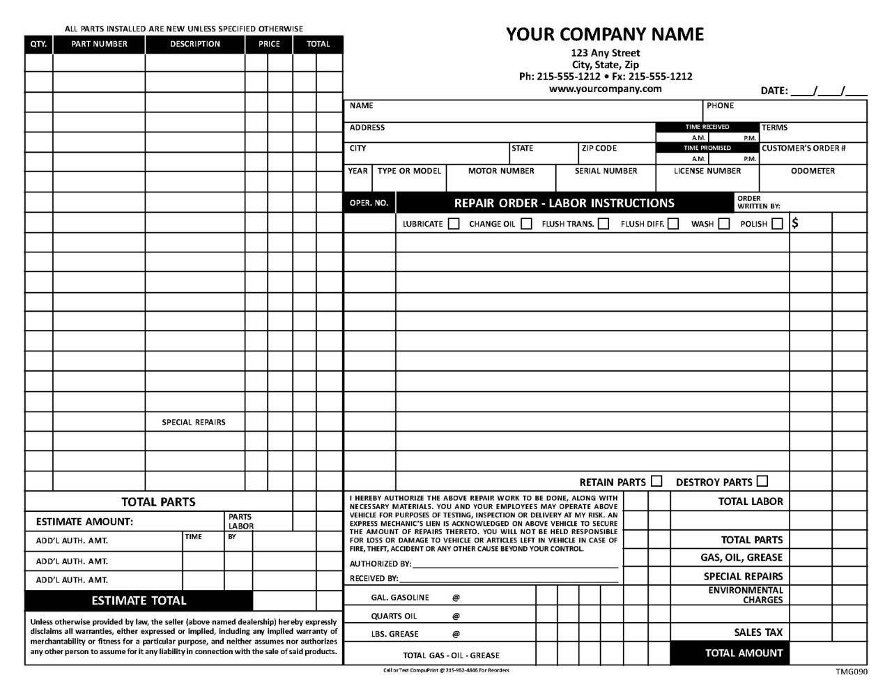 Custom Automotive Repair Forms / 8.5 X 11 / 2 or 3 Part / TMG090