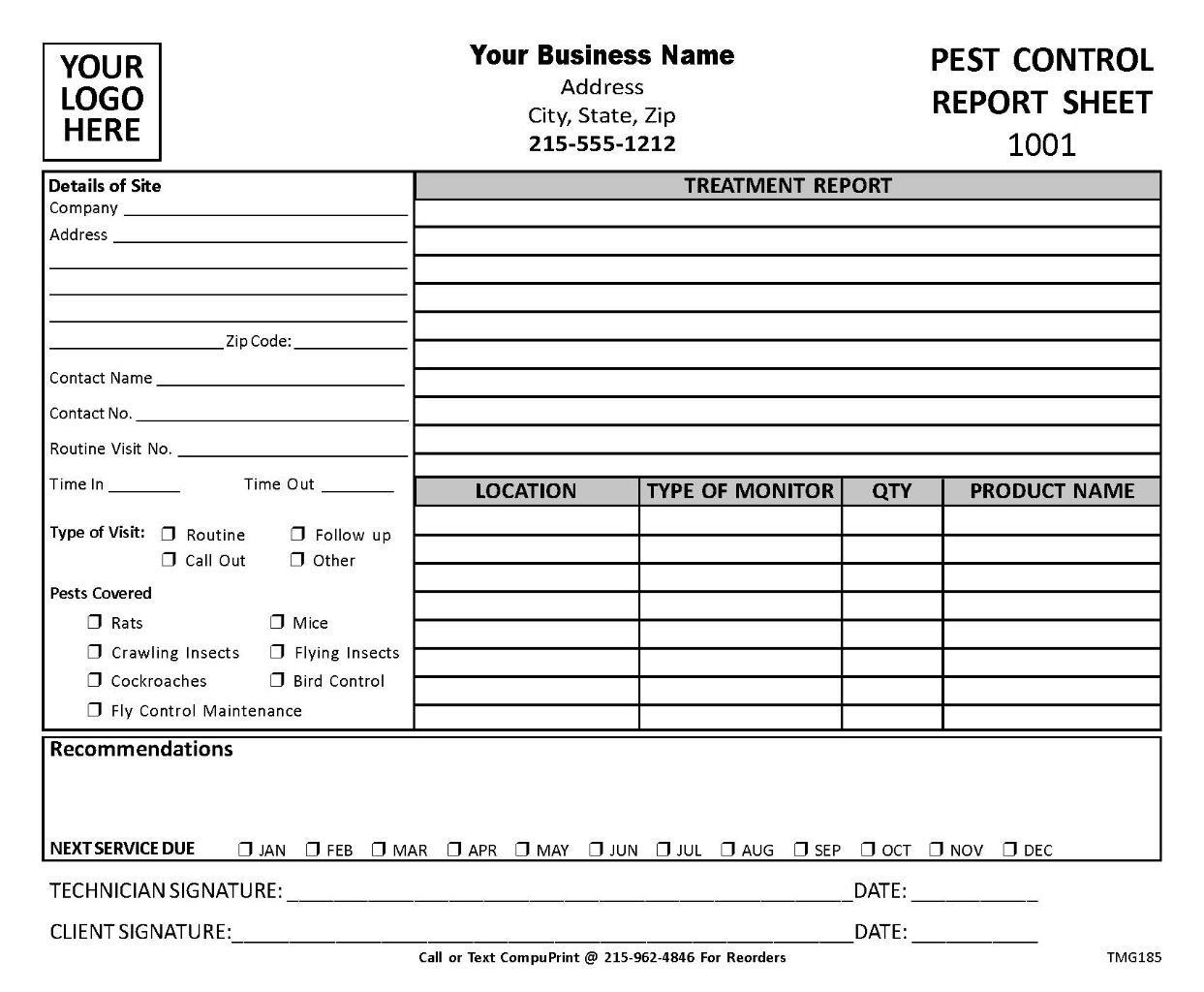 Custom Pest Control Report Forms / 8.5 x 7 / 2 or 3 Part / TMG185