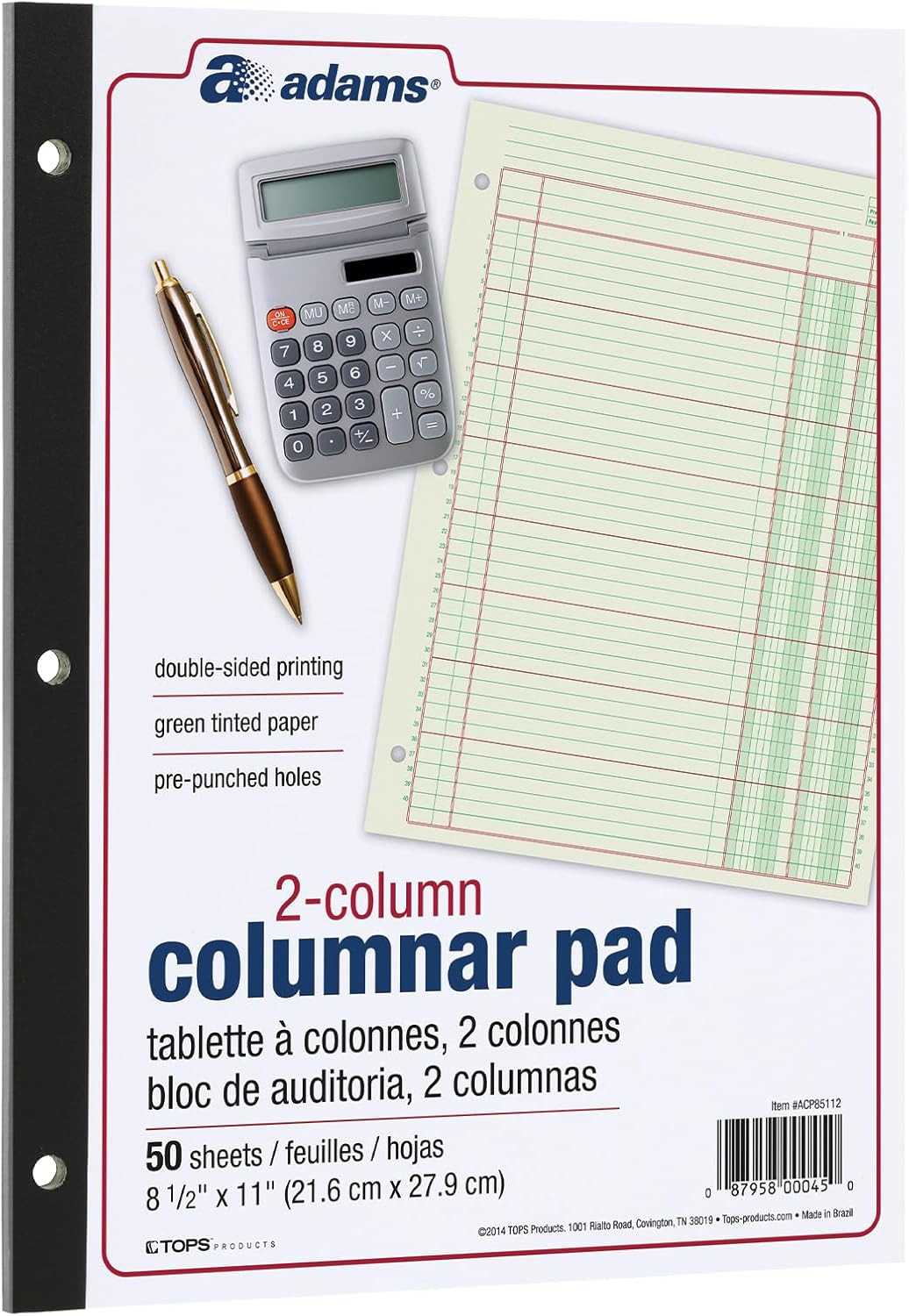 Columnar Analysis Pad, 2 Column Ledger, 8.5″ X 11″, 100 Pages (50 Sheets), Green