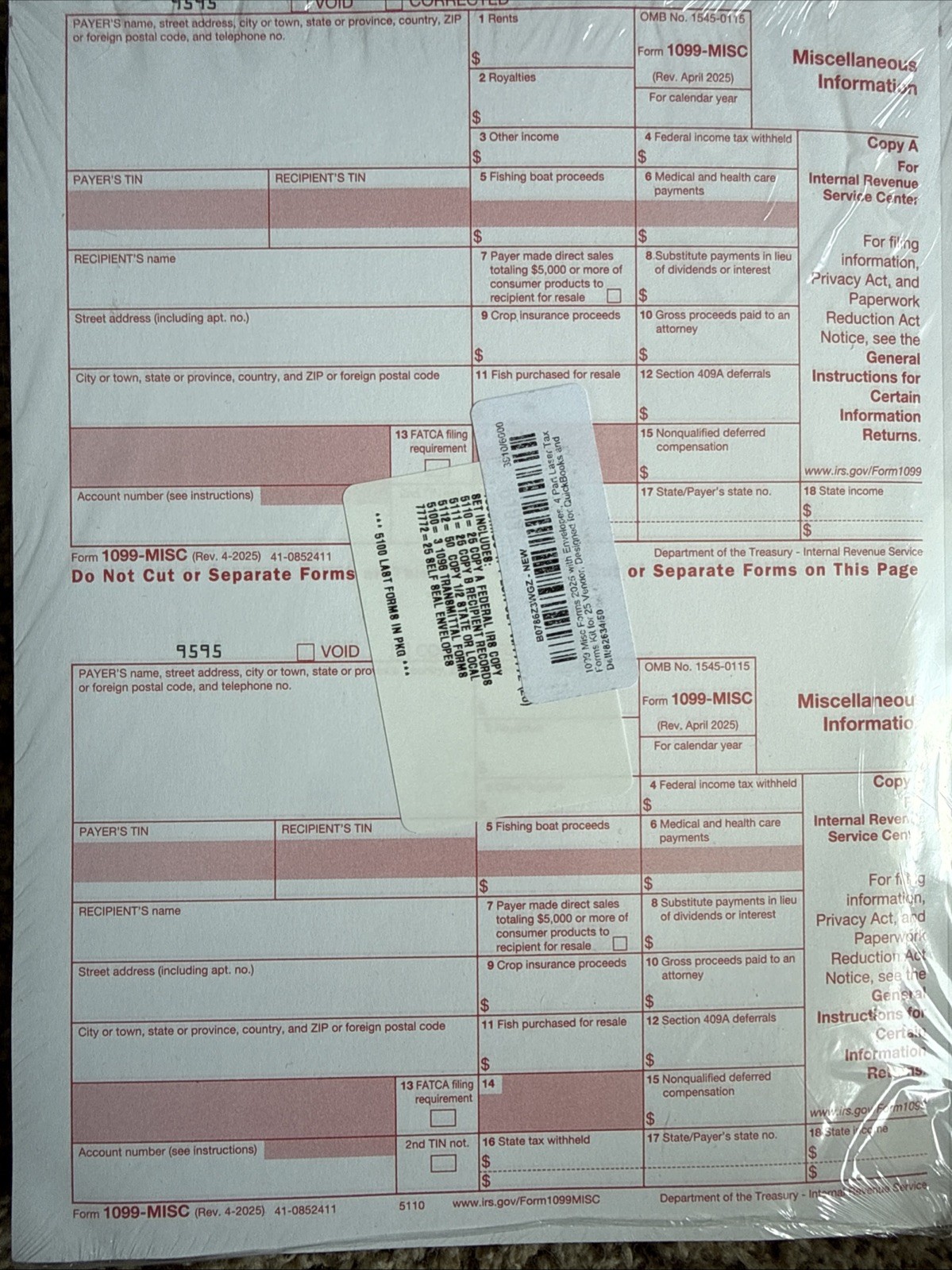 1099 Tax Form Misc 2025 With Envelopes 4 Part Laser Tax Forms Kit