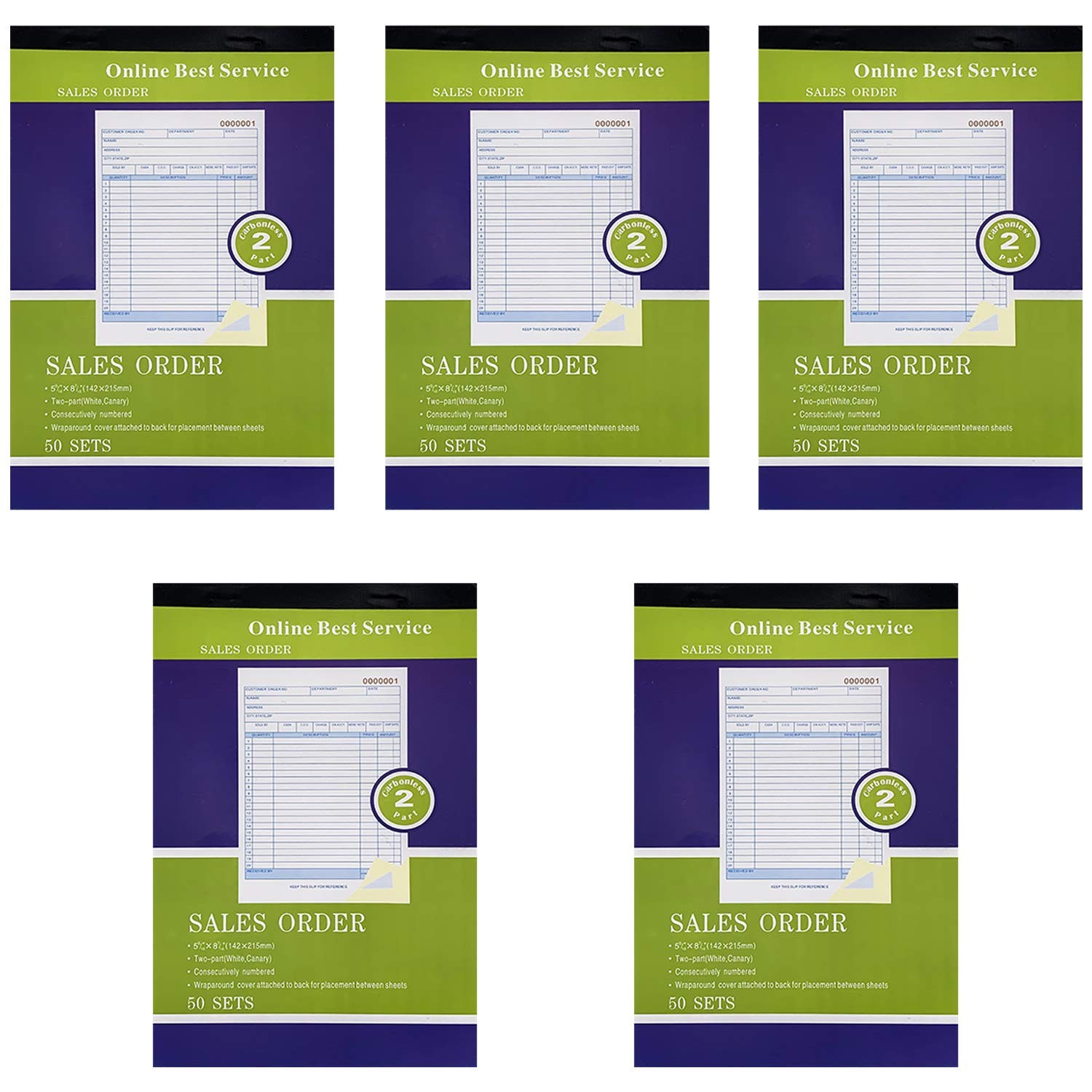 Large Carbonless Duplicate Sales Order Receipt Books 5 Pack 50 Sets 5.9 x 1