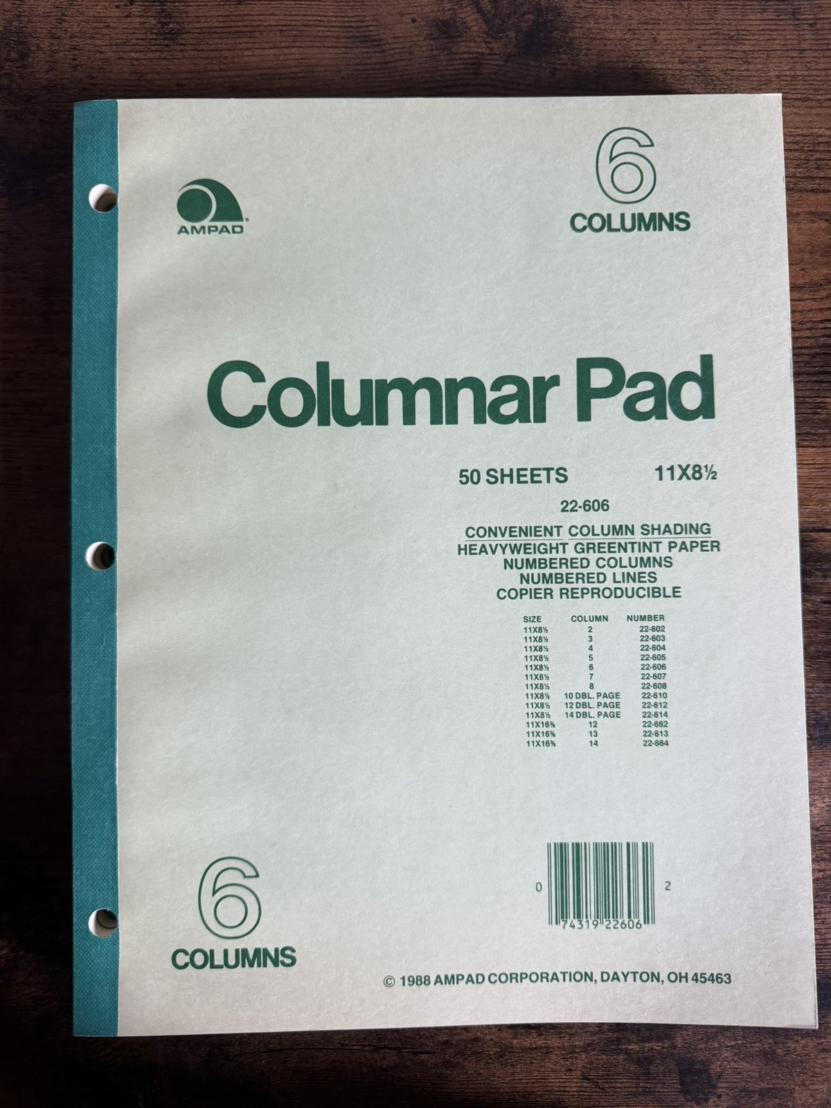 Ampad Columnar Pad 6 Columns 11×8.5 Light Green 50 Sheets 22-606