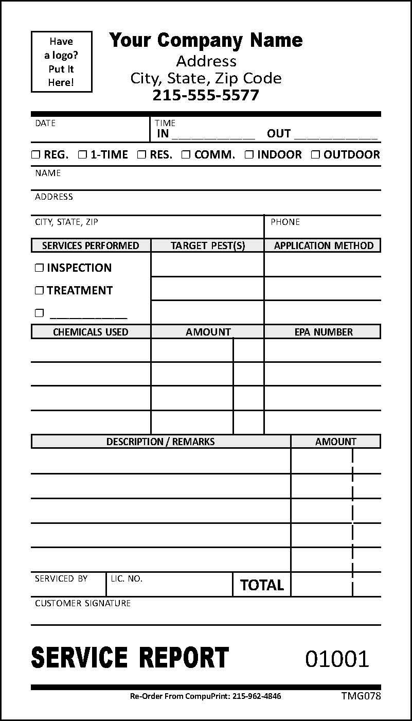 100 Pest Control Service Report Form / 2 Part Carbonless / 4″ x 7″ / TMG078