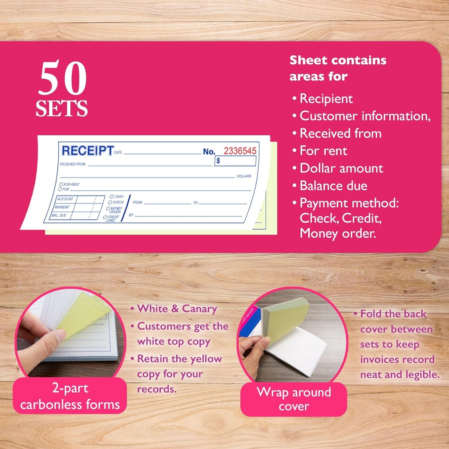 Portable 2-Part Carbonless Receipt Book: 50 Sets for Efficient Record Keeping