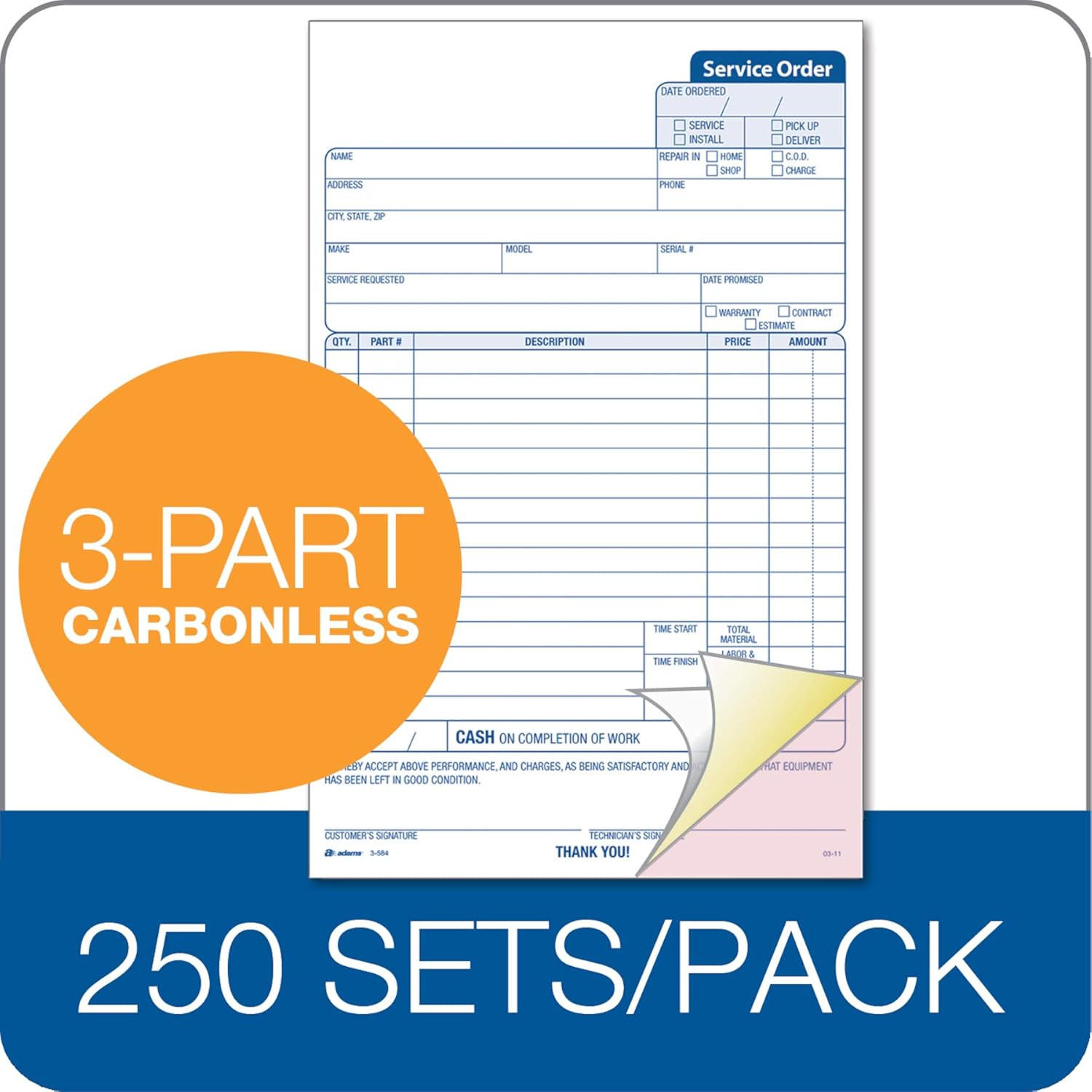 Service Order Form,3 Part, Carbonless,5 2/3″X9″ Inches 250 Sets per Pack (3-584)