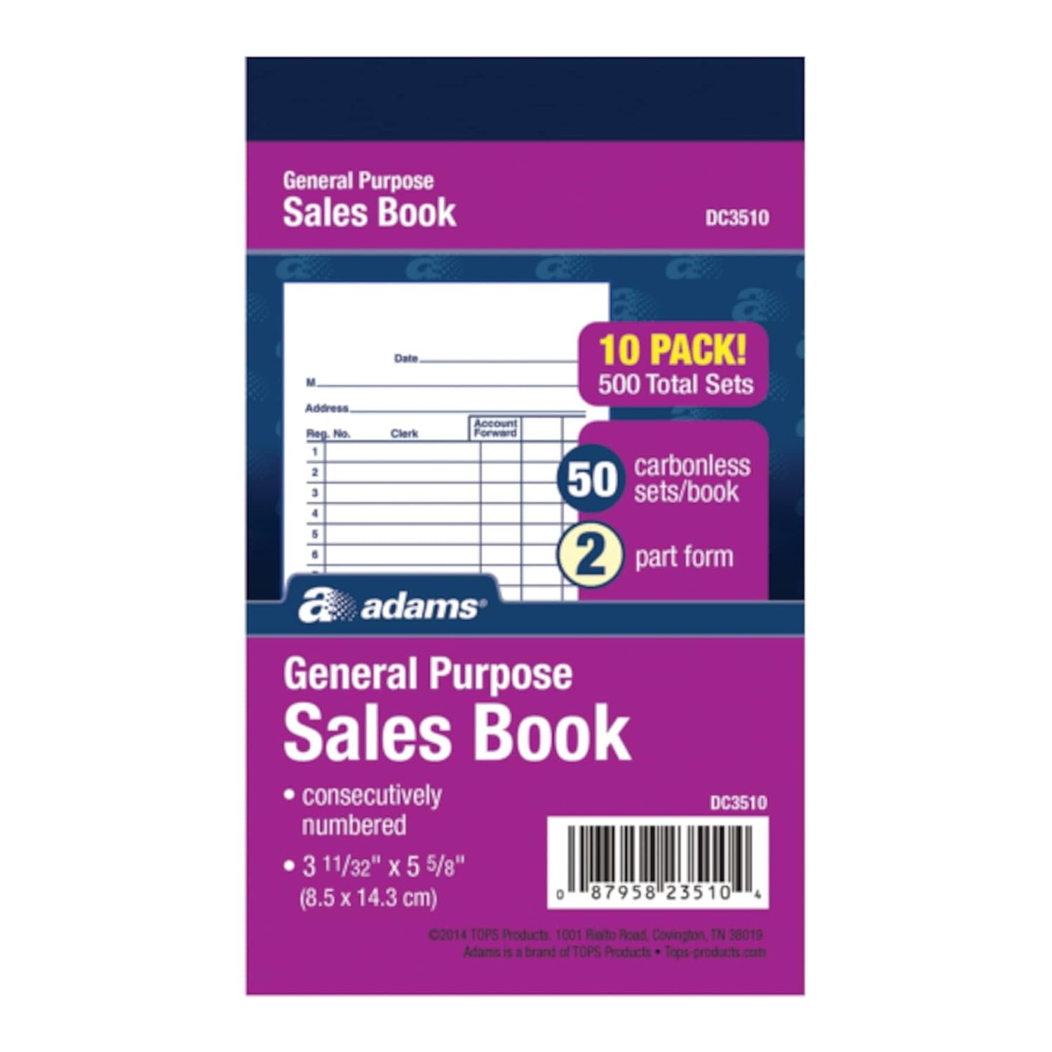 General Purpose Sales Book, 2-Part, Carbonless, White/Canary, 3-11/32 X 5-5/8, 5
