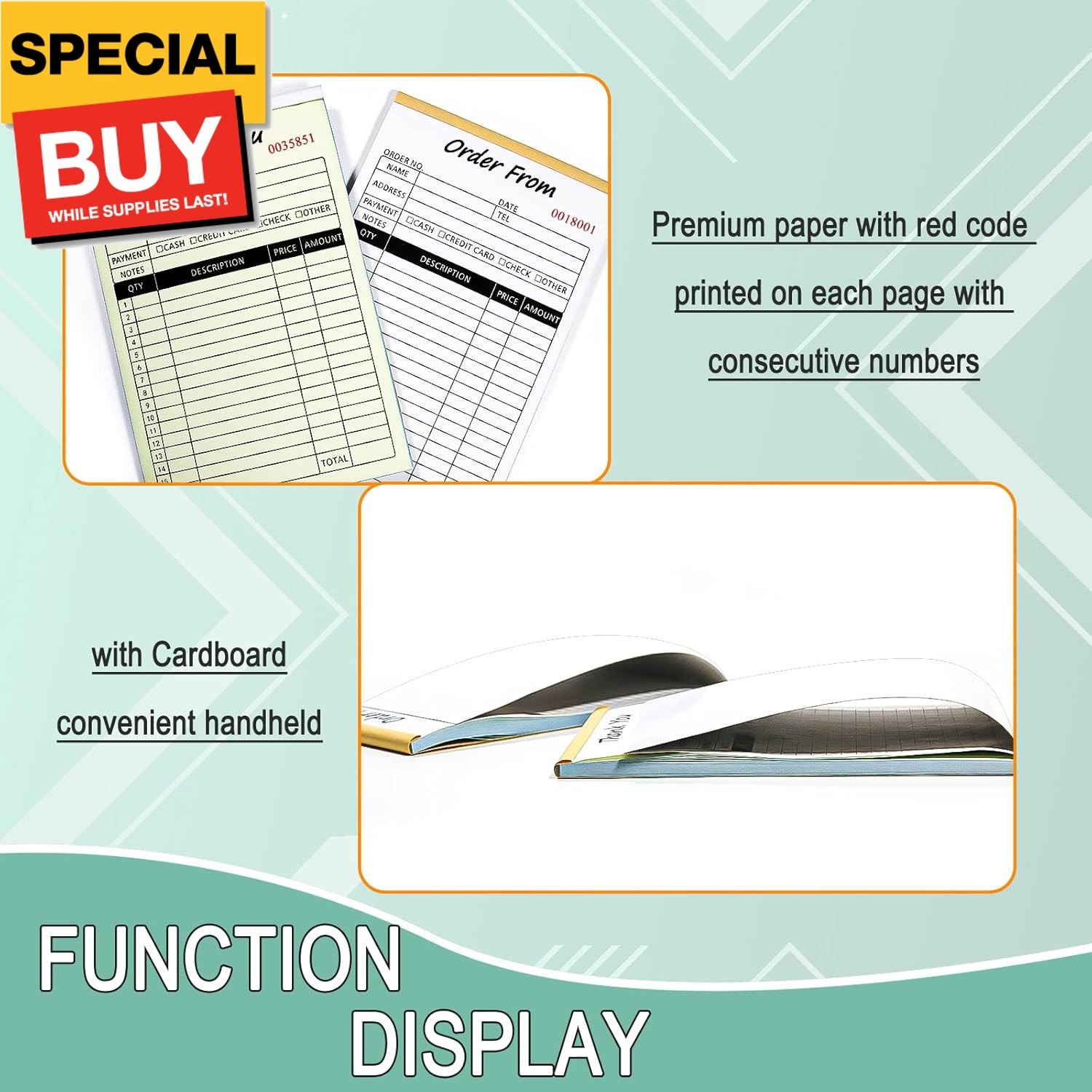 Receipt Book with Cardboard 2-Part Carbonless, Order Forms for Small Business