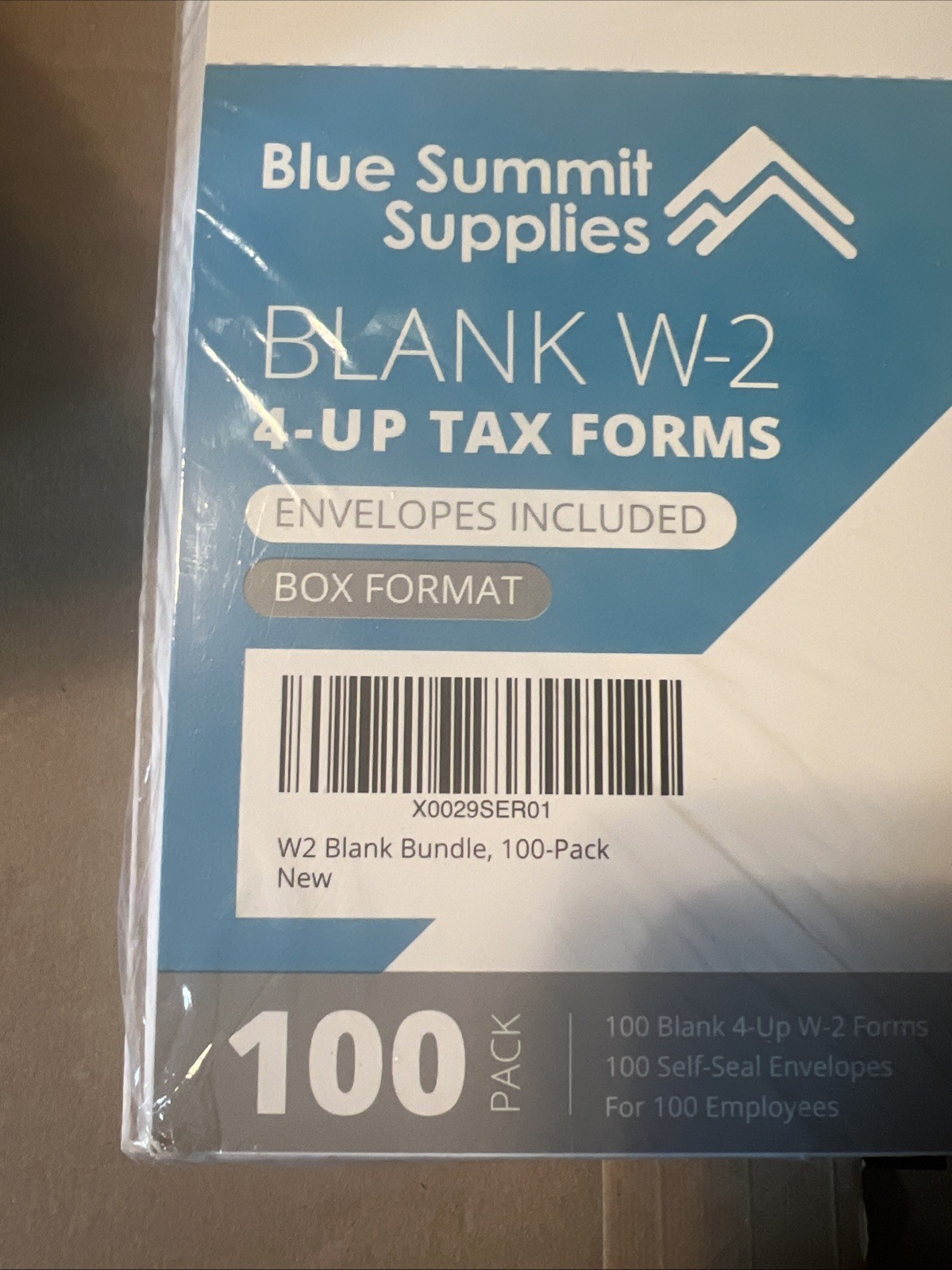 Blank W-2 Paper Forms 4-Up Version 100 Forms & 100 Self-Seal Envelopes Box Forma