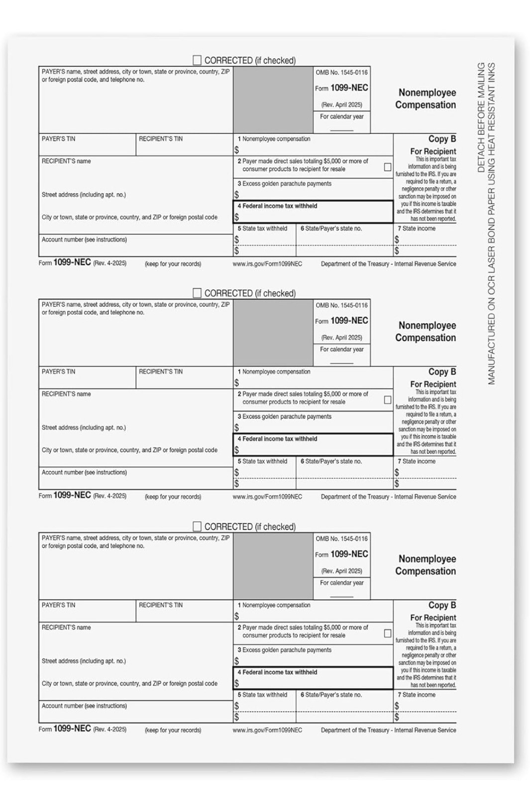 Onguls 1099-Nec 4 Part Tax Forms 25 Pack IRS Approved 2025 NO ENVELOPES