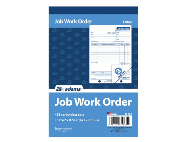 Adams Job Work Order Book, 3-Part Carbonless, 33 Sets, White 5-9/16″ X 8-7/16″