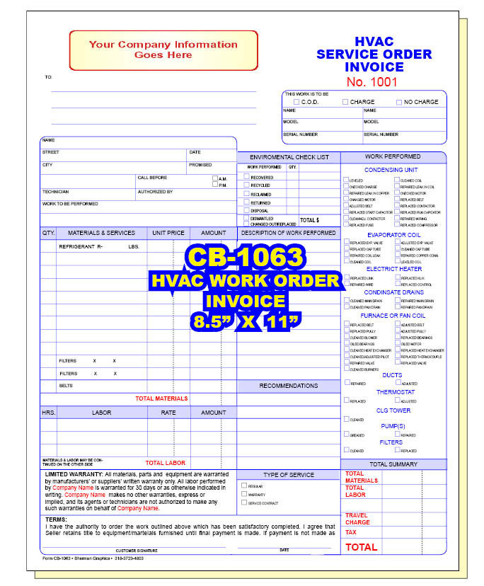HVAC WORK ORDER INVOICE 2 or 3 Part Carbonless Sets or Books