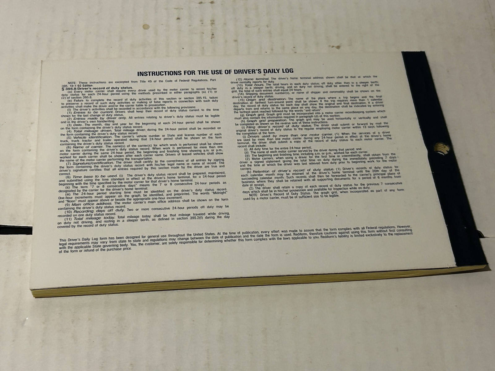 Rediform Driver’s Daily Log Book – 31 Sheet[s] – Stapled – 2 Part – Carbonized –