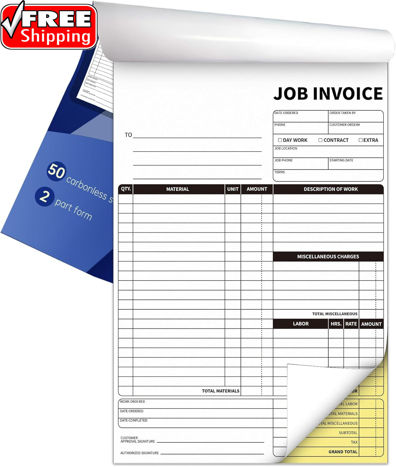 Carbonless Work Order Forms,7.5 X 11 Inches Invoices for Small Business,Sales Or