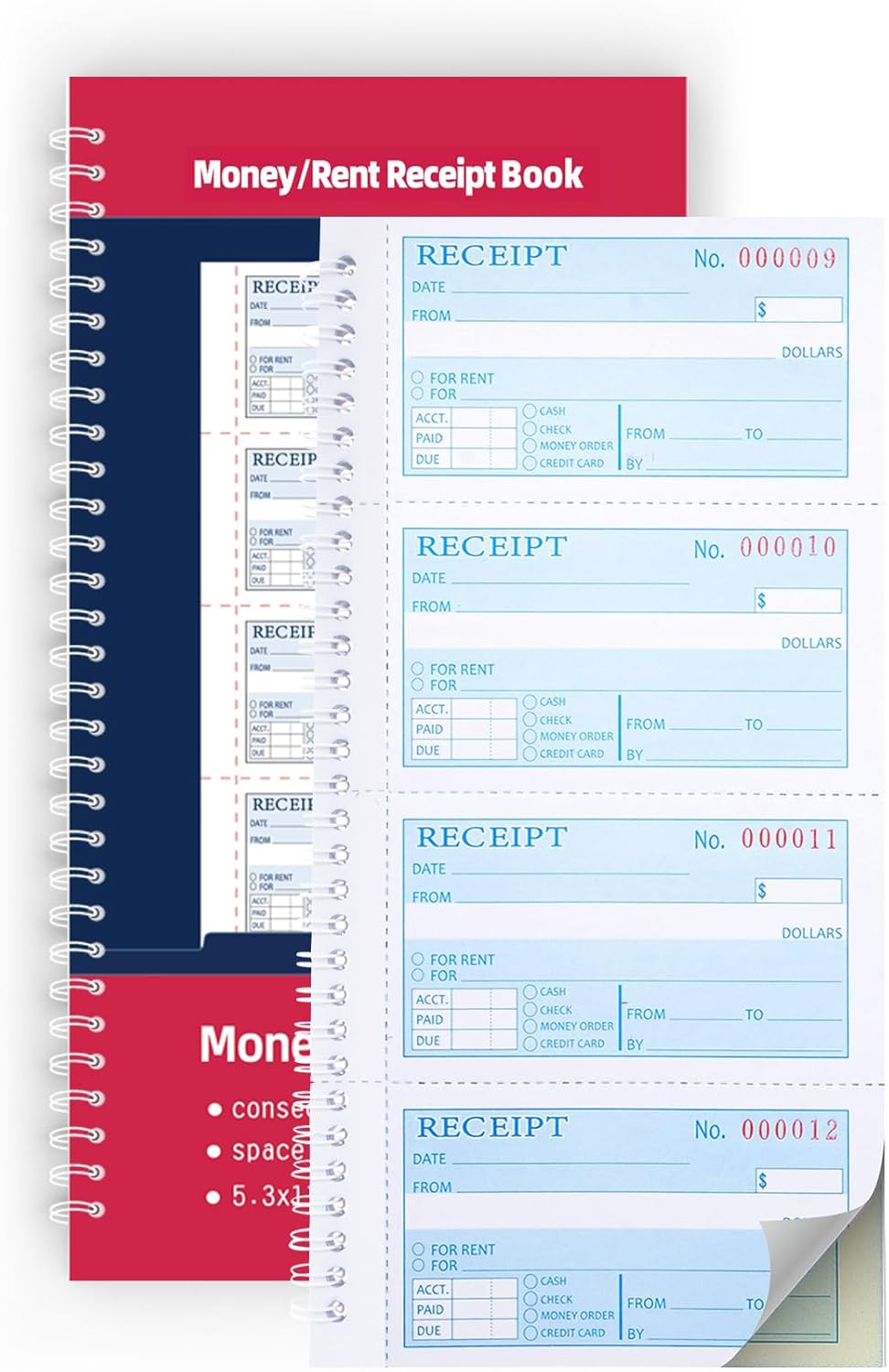 2-Part Carbonless Receipt Book Money Rent Spiral Bound 5.3×11.2″ 200 Sets 4/Page