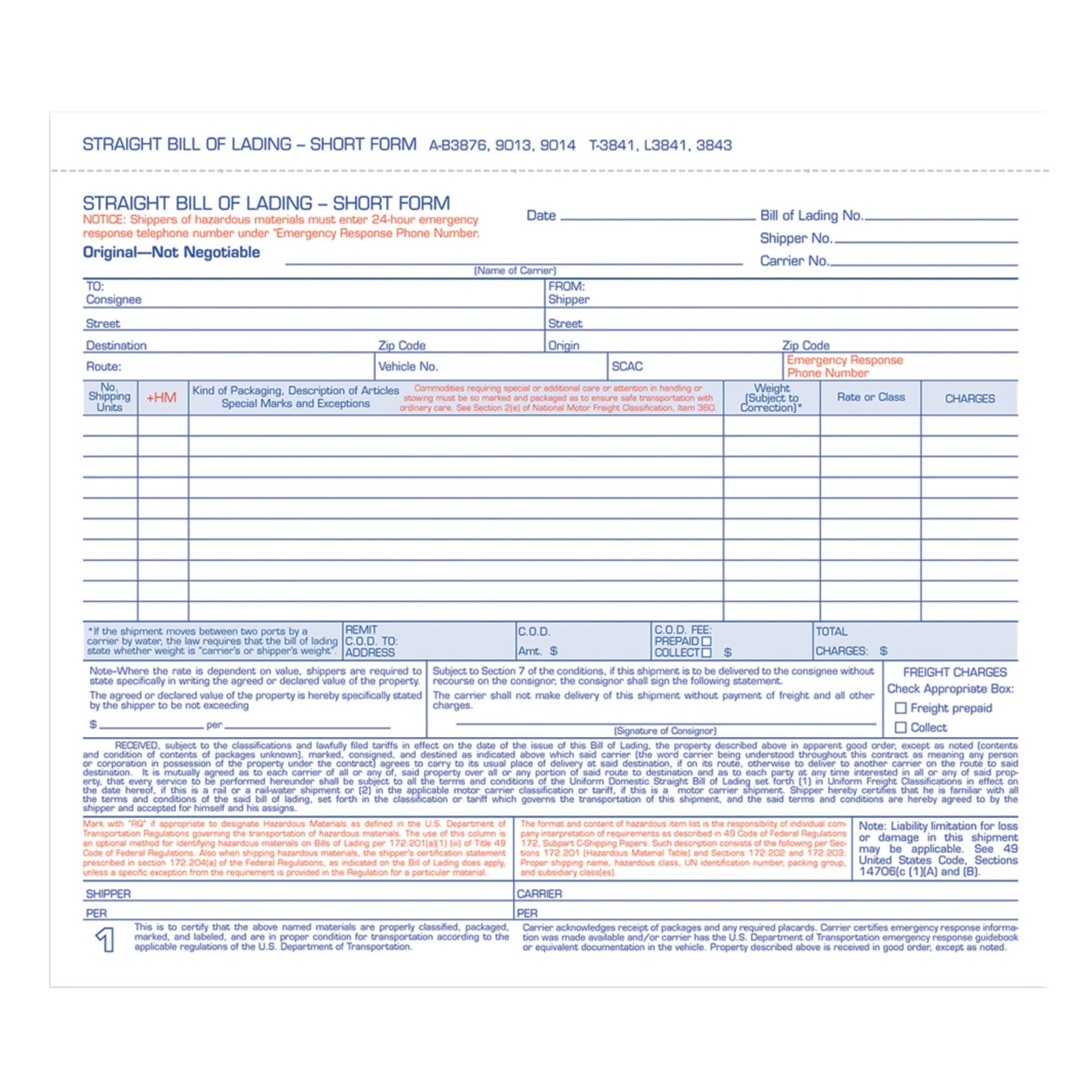 Adams Carbonless Bill of Lading Forms 250 Pack 8.5 x 7.5 Inches White