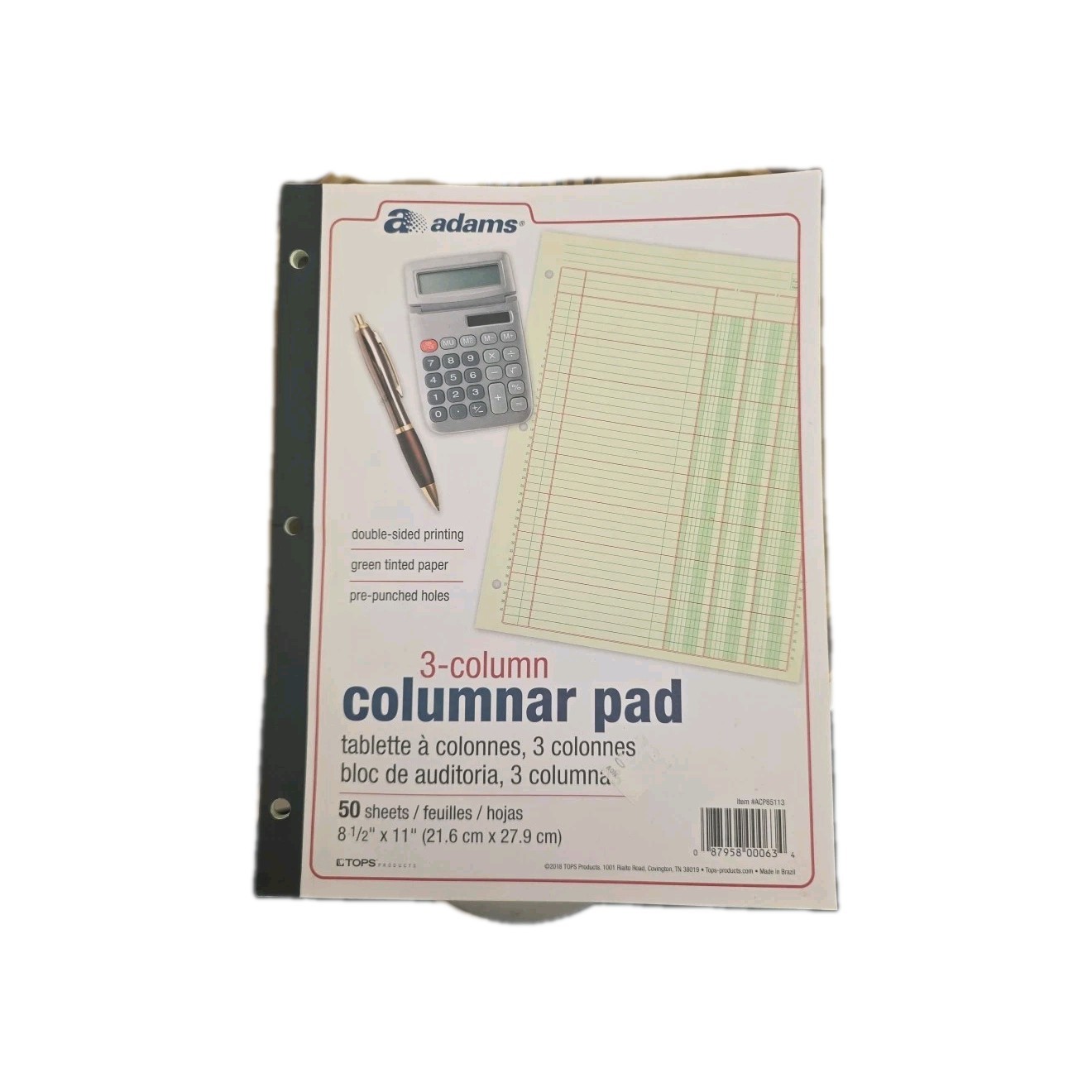 Adams Columnar Pad 3-Column 50-Sheets Punched Accounting Bookkeeping Office Home