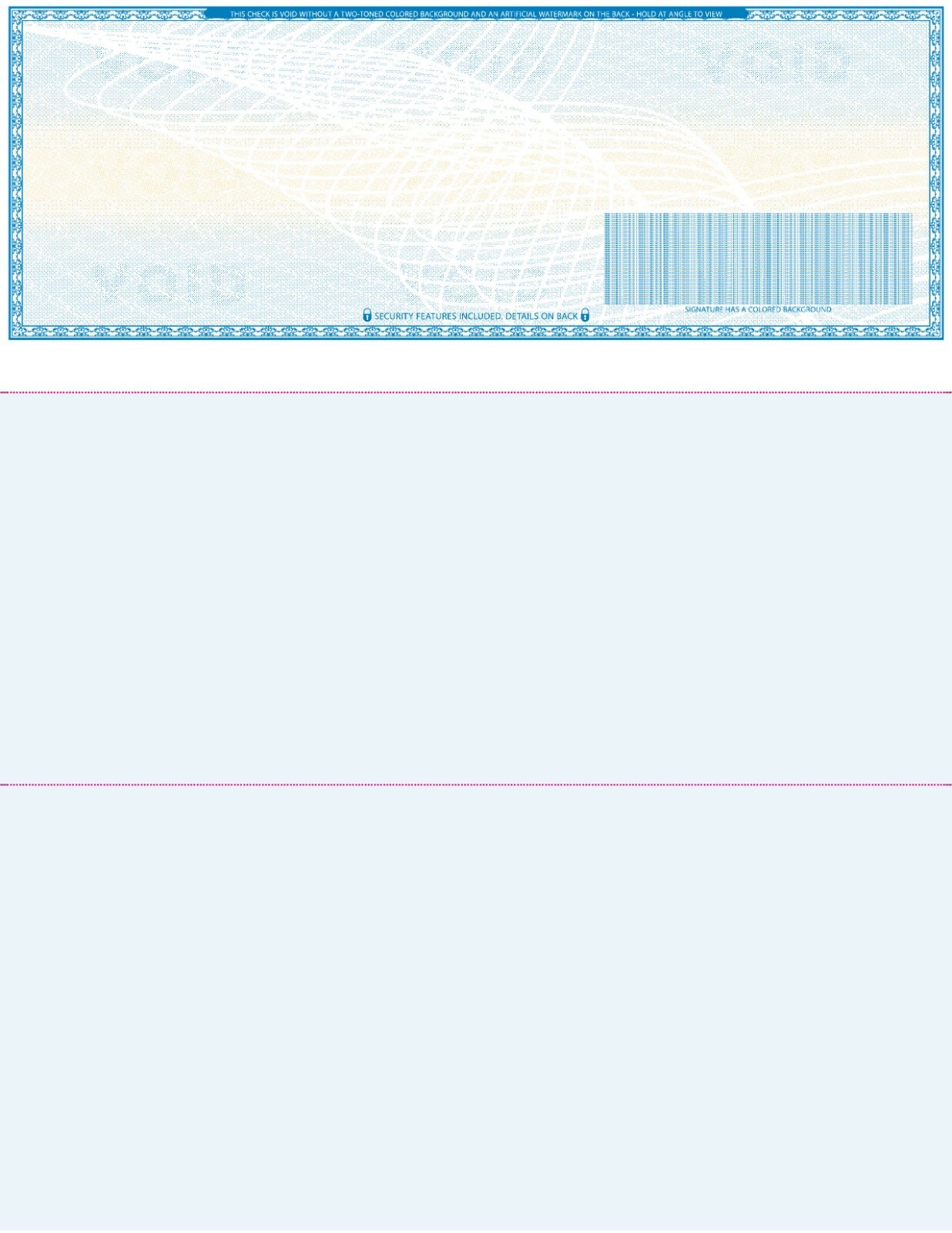 2000 Blank Check paper “High Security” – Check on Top – Light Blue Art Deco