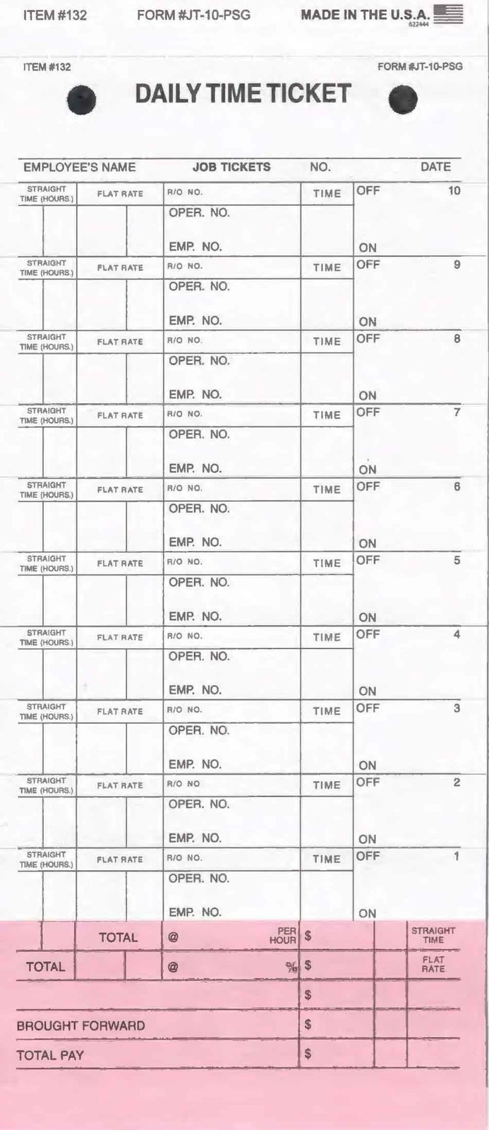 Daily Time and Job Ticket – 10 Labels per Sheet (3-Part) (Form JT-10-PSG) (50…