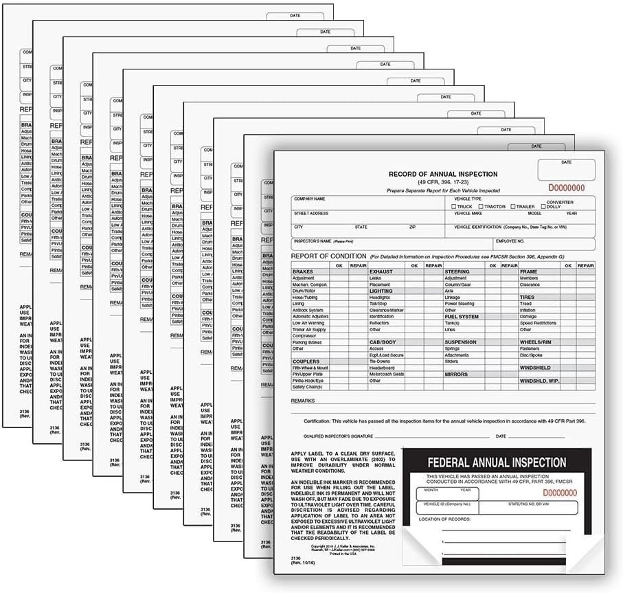 J. J. Keller DOT Compliant 10-Pack Annual Inspection Forms with Labels Included