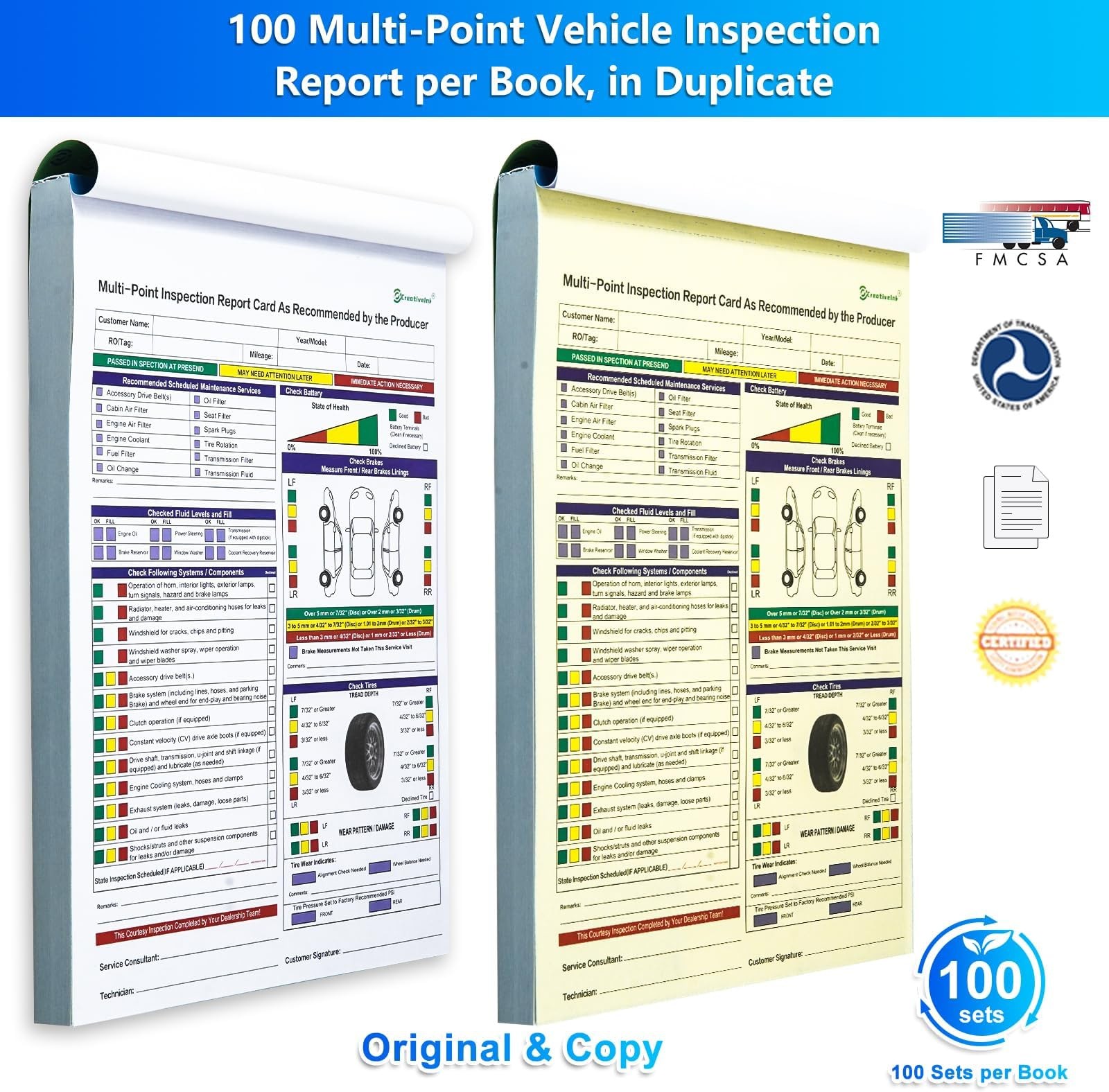 200 Sets Multi-Point Automotive/Vehicle Inspection Report Forms 2-ply Carbonl…