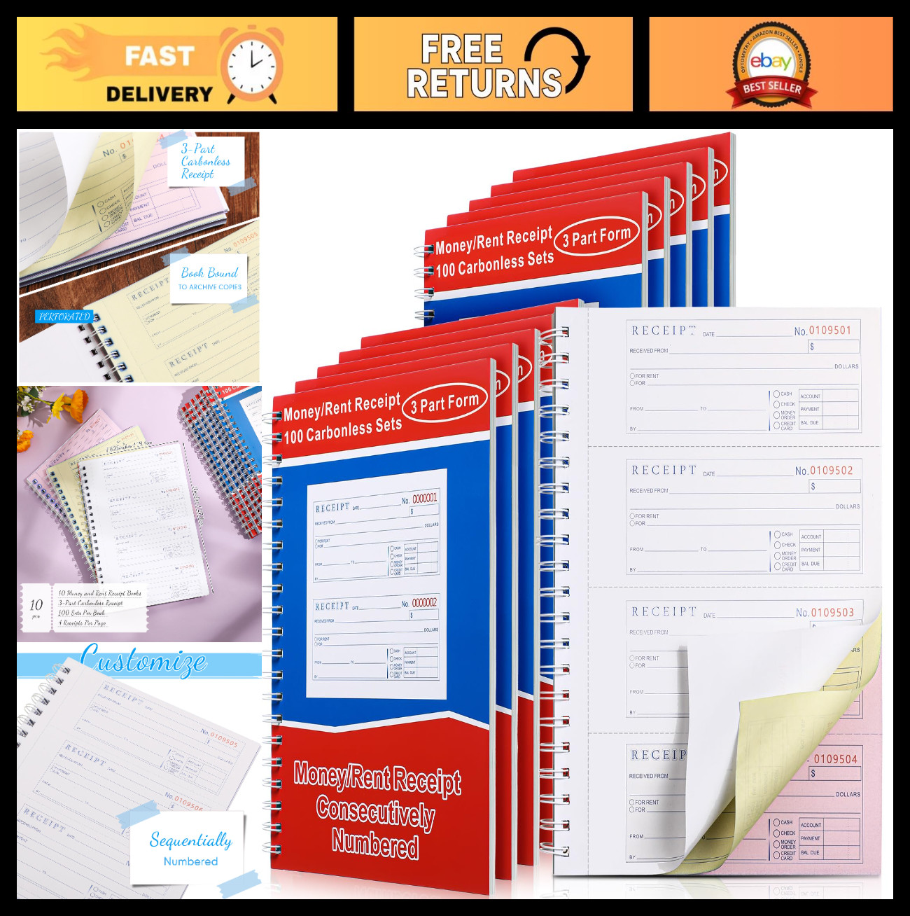 10 Pcs Carbonless Money & Rent Receipt Book, 100 Sets, Spiral Bound, 4 Receipts/