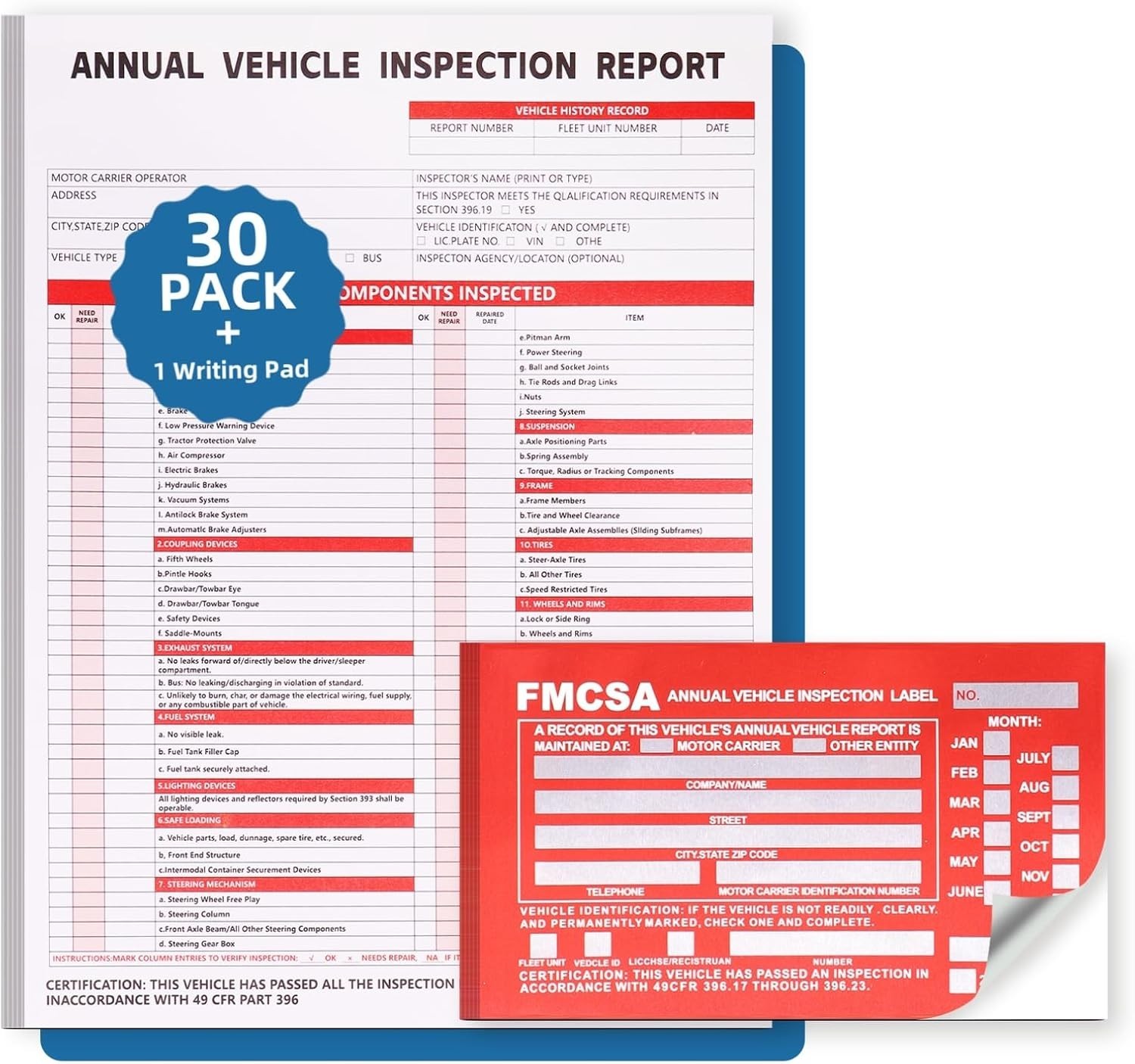 30Pack DOT Annual Vehicle Inspection Forms and Stickers,30-Pk 3-Ply Vehicle Insp