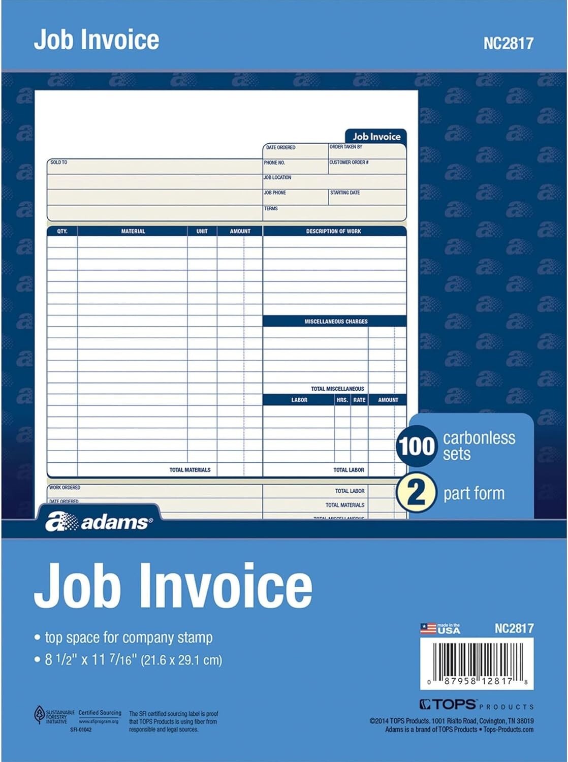 Invoice Forms 2-Part Carbonless For Service & Repair Billing 100 Individual Set