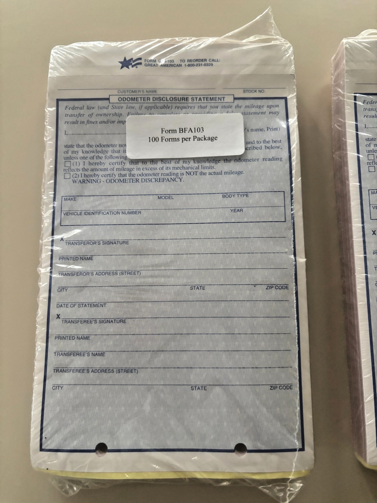 Odometer Disclosure Statement Great American BFA-103 Form 200+ Forms 1 Low Price