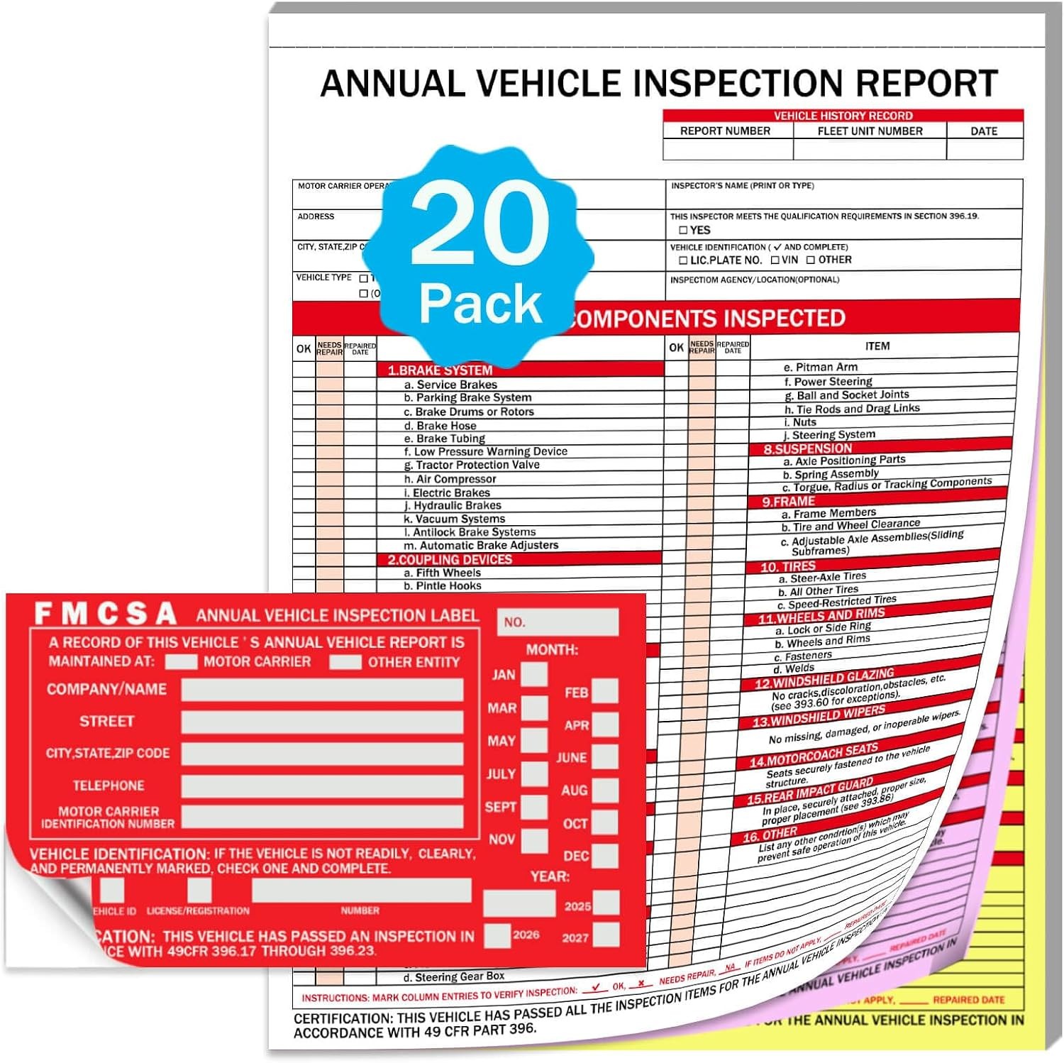 20-Pack Annual Vehicle Inspection Report Forms with Red FMCSA Aluminum Labels, 3