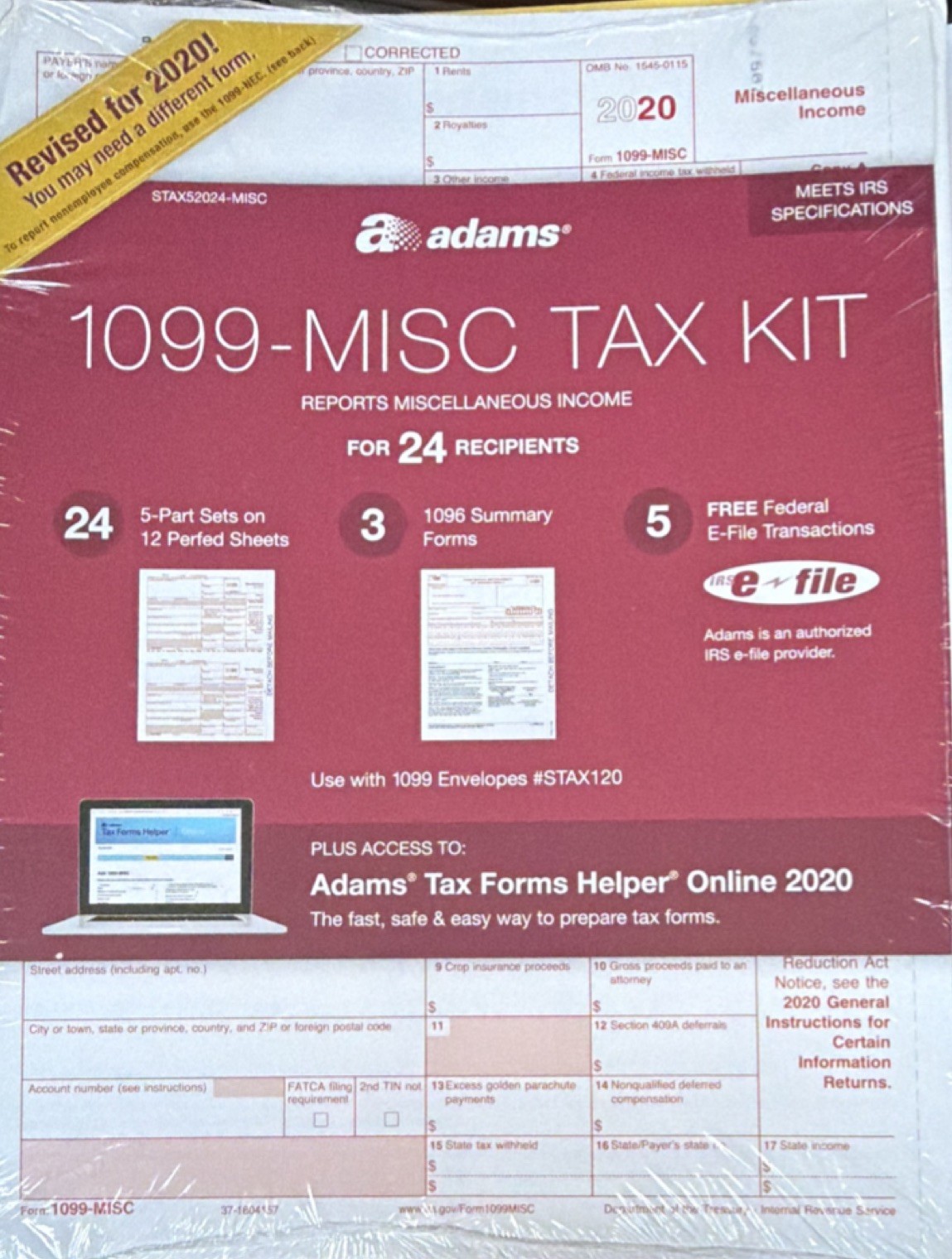 Adams 1099-MISC Tax Kit 24 Recipients 2020 1099 Summary Forms STAX52024-MISC