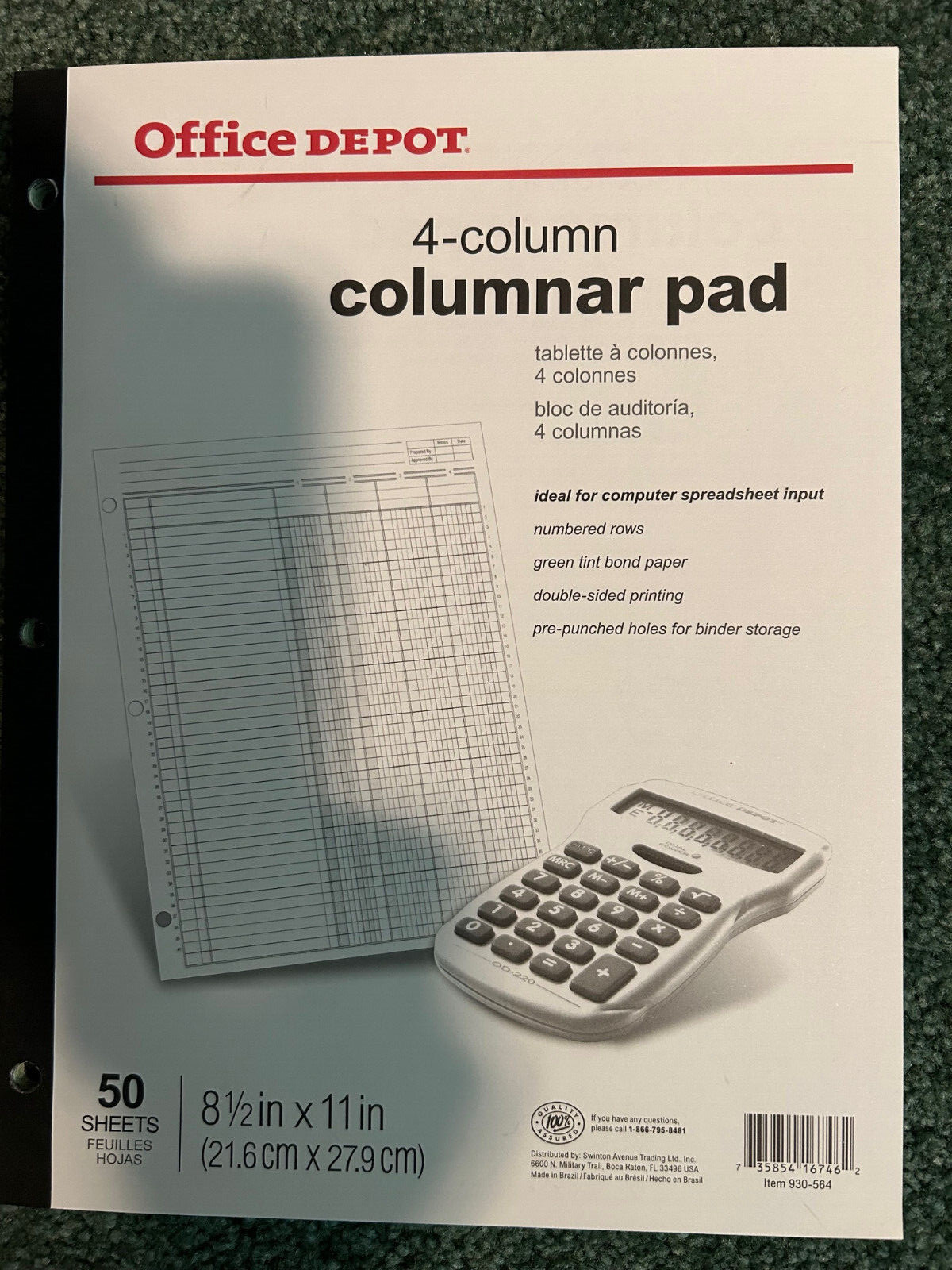 Office Depot Columnar Pad, 4 Columns, 11 x 8.5 Inches, 50 Sheets
