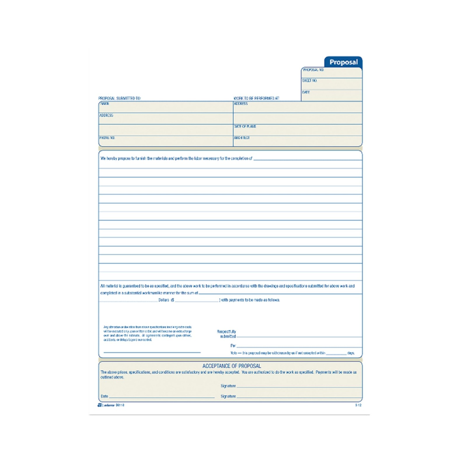 Adams Proposal Book, 2-Part with Carbon, 8.38 x 11.44 Inches, White, 50 White