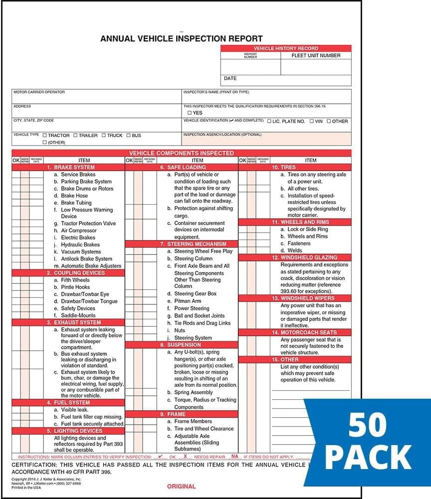 J. J. Keller Annual Vehicle Inspection Report Form 50-pk. – Snap-Out Format, …