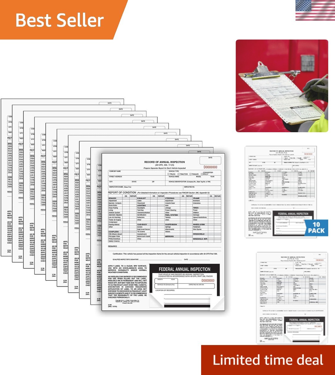 J. J. Keller 10-Pack Annual Vehicle Inspection Forms – DOT Compliant & Durable