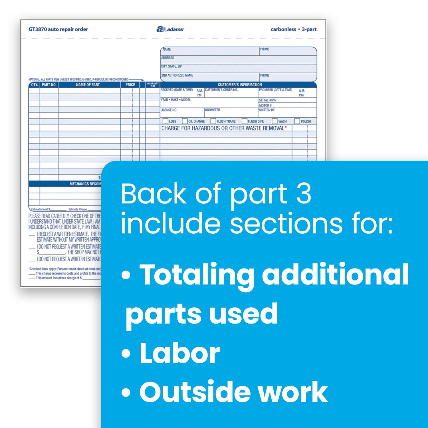 Adams Auto Repair Order Forms, 8.5 x 7.44 Inch, 3-Part, Carbonless, 50-Pack
