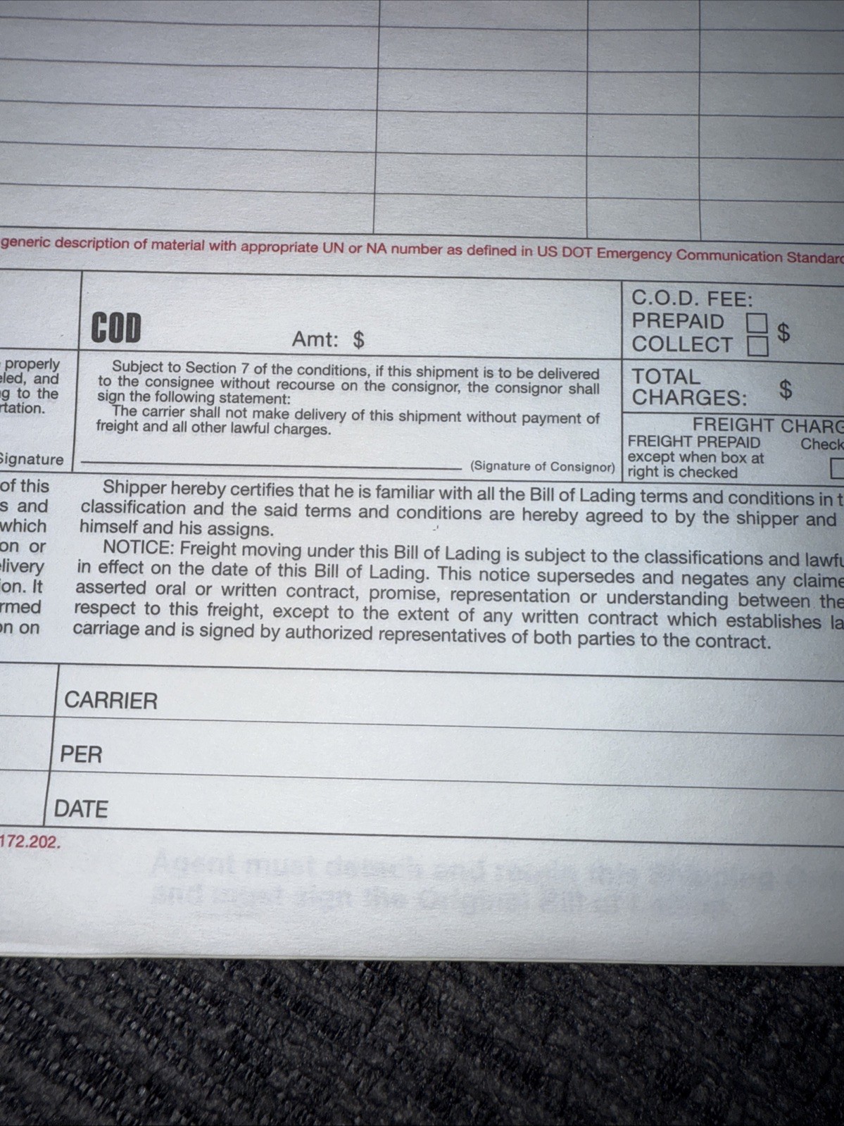 Uline 4 Part Carbonless Bill Of Lading. 250 Count