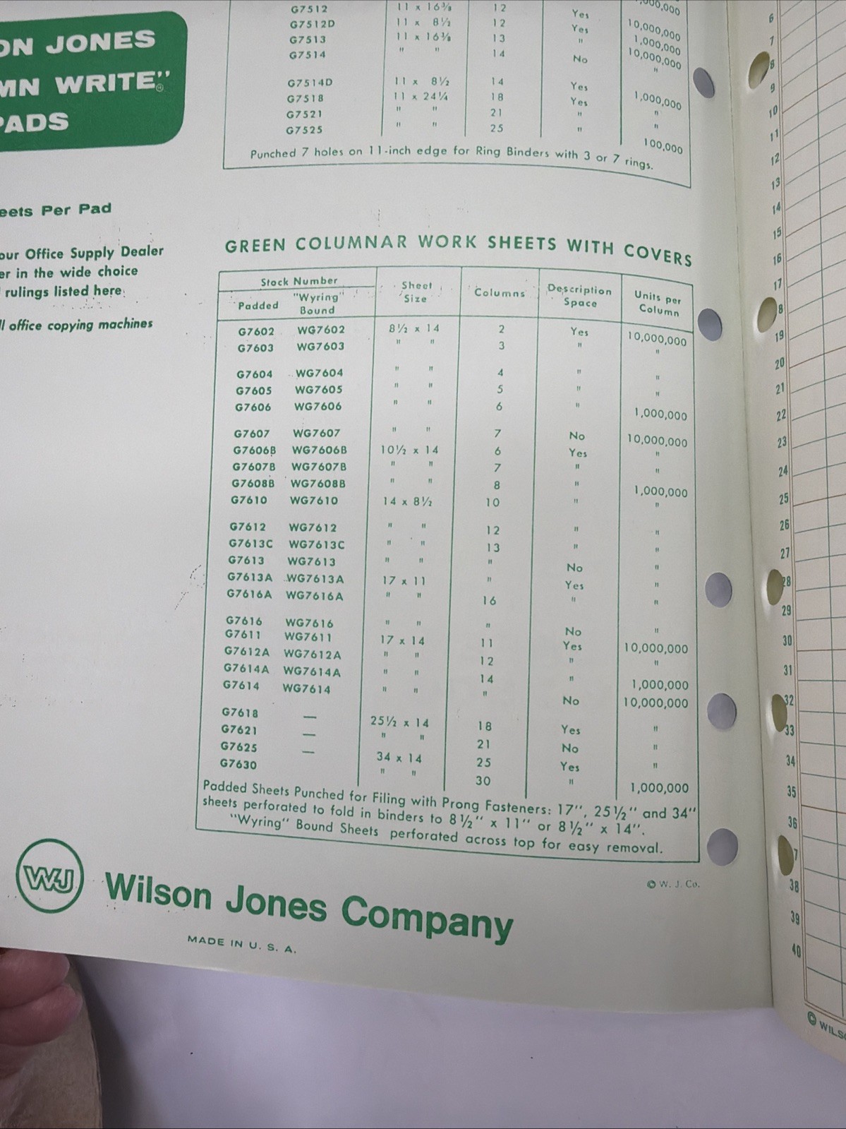 1968 Wilson Jones Write Columnar Pad Green G7506 6 Columns Accounting Ledger