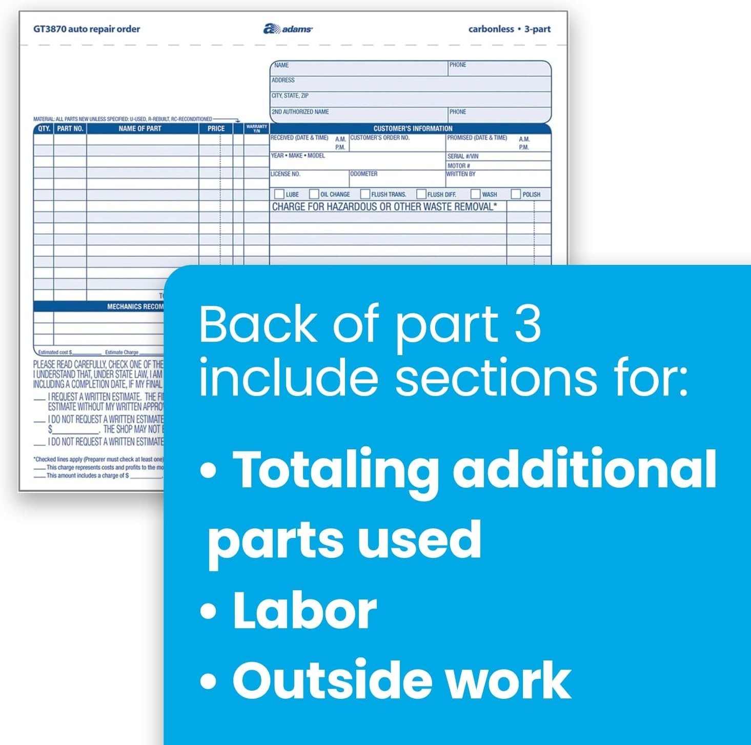 Adams Auto Repair Order Forms, 8.5 x 7.44 Inch, 3-Part, Carbonless, 50-Pack,