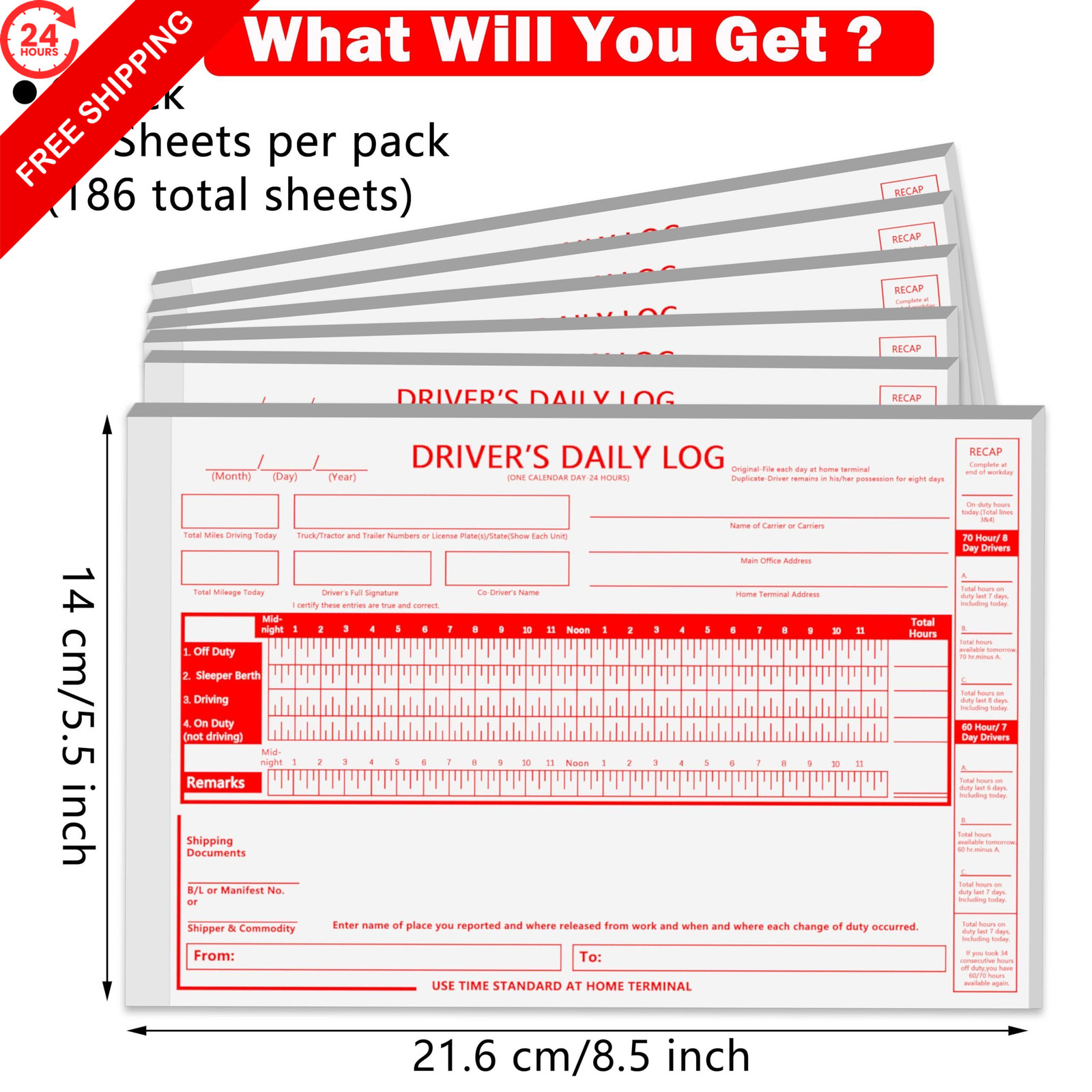 XUEJITECH 6 Pack Truck Driver Daily Log Book with 7 & 8 Day 186 Sets(6Pads)