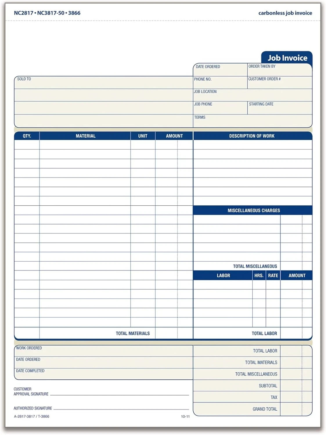 Job Invoice Forms, 2-Part Carbonless, for Service and Repair Billing, 100 Indivi