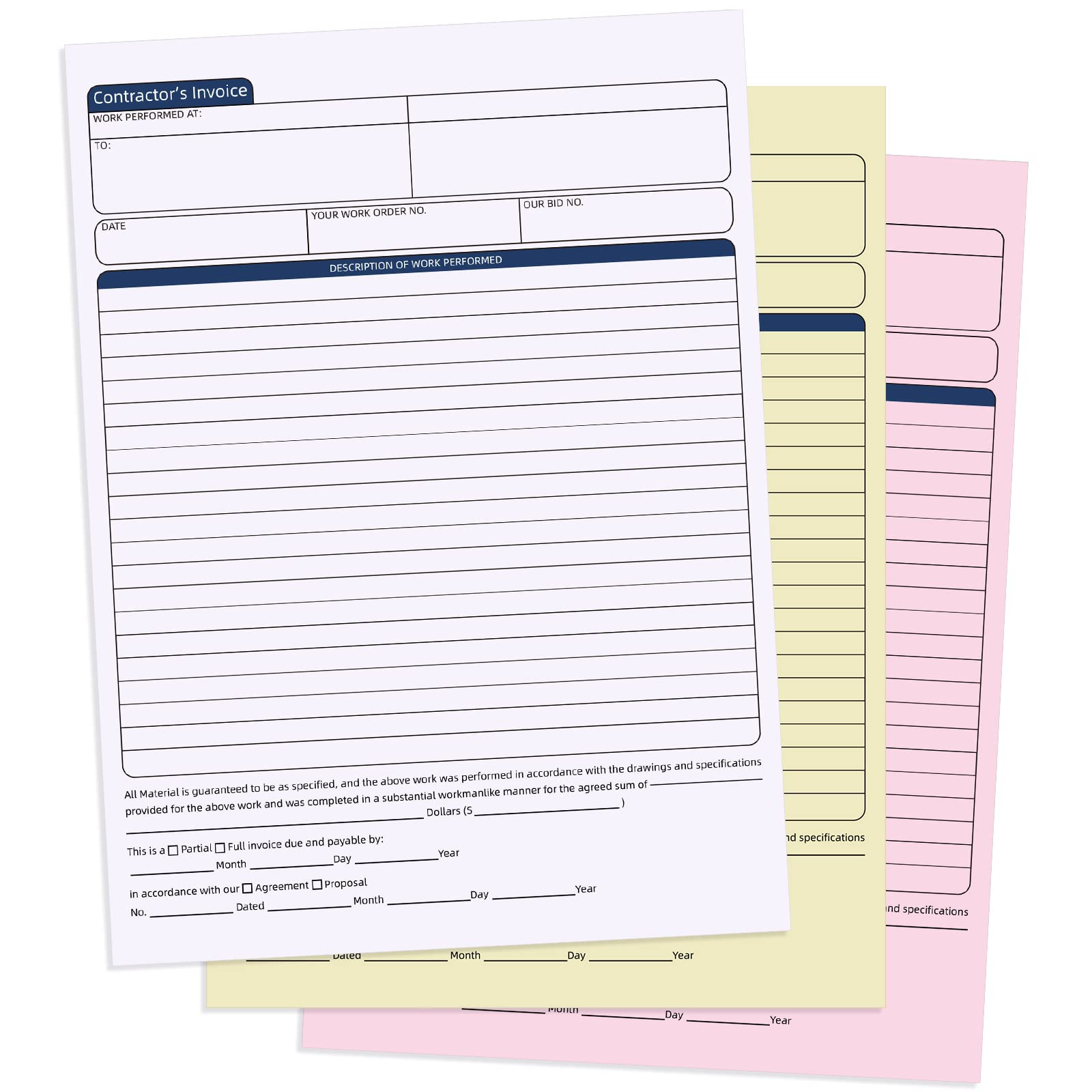 2 Pcs Contractors Invoice Book Carbonless Forms Receipt 8.5 x 11 Inch Work Order