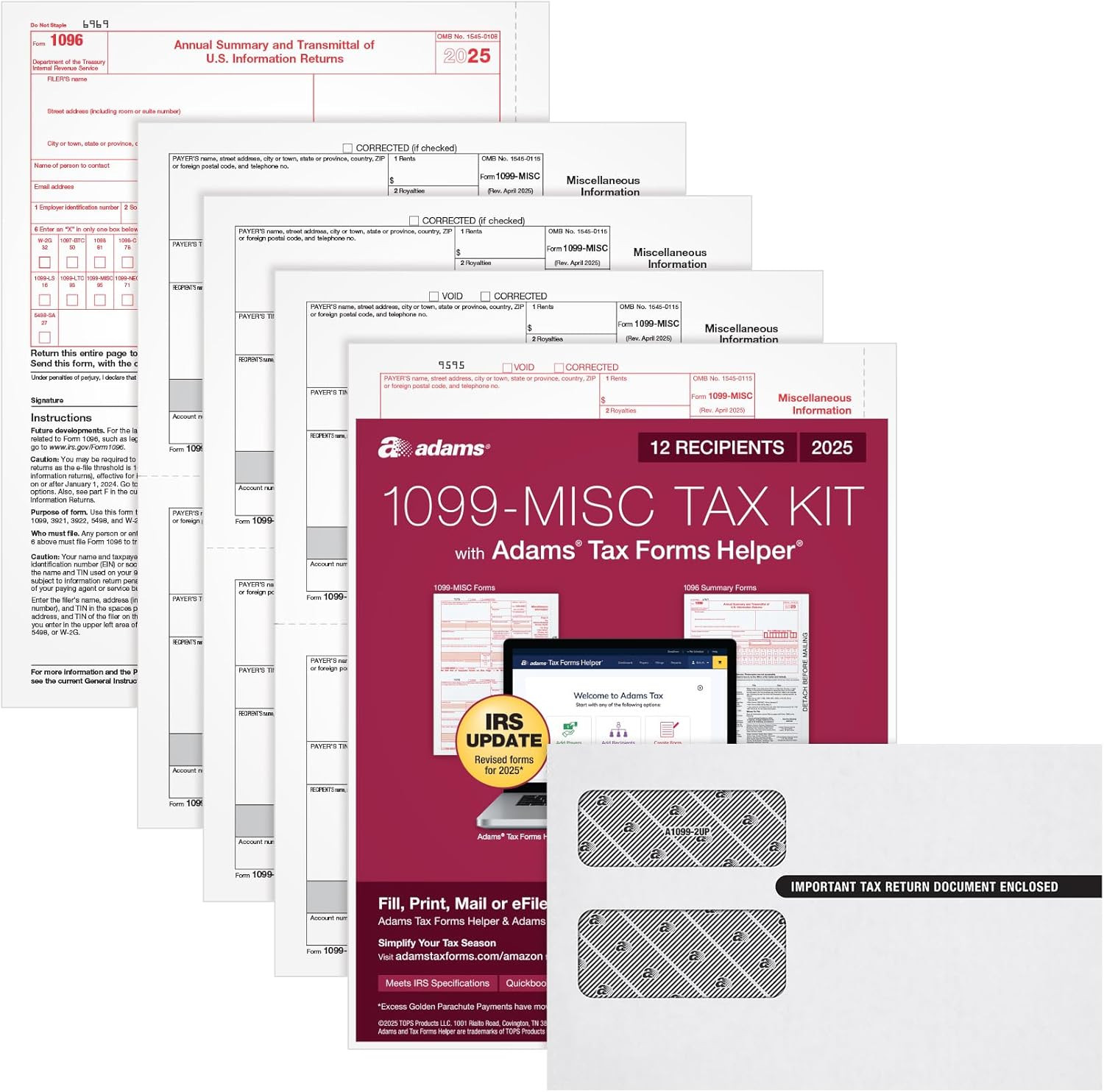 Adams 1099 MISC Forms 2025, 4-Part Kit for 12 Recipients, Includes Envelopes, Qu