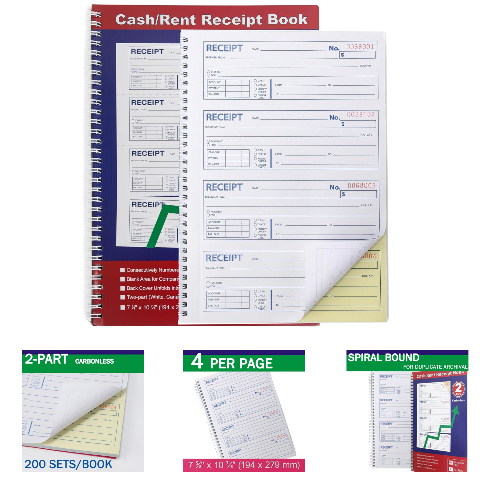 Money and Rent Receipt Book 2-Part Carbonless Spiral Bound 7-5/8″ x 11″ 200 Sets