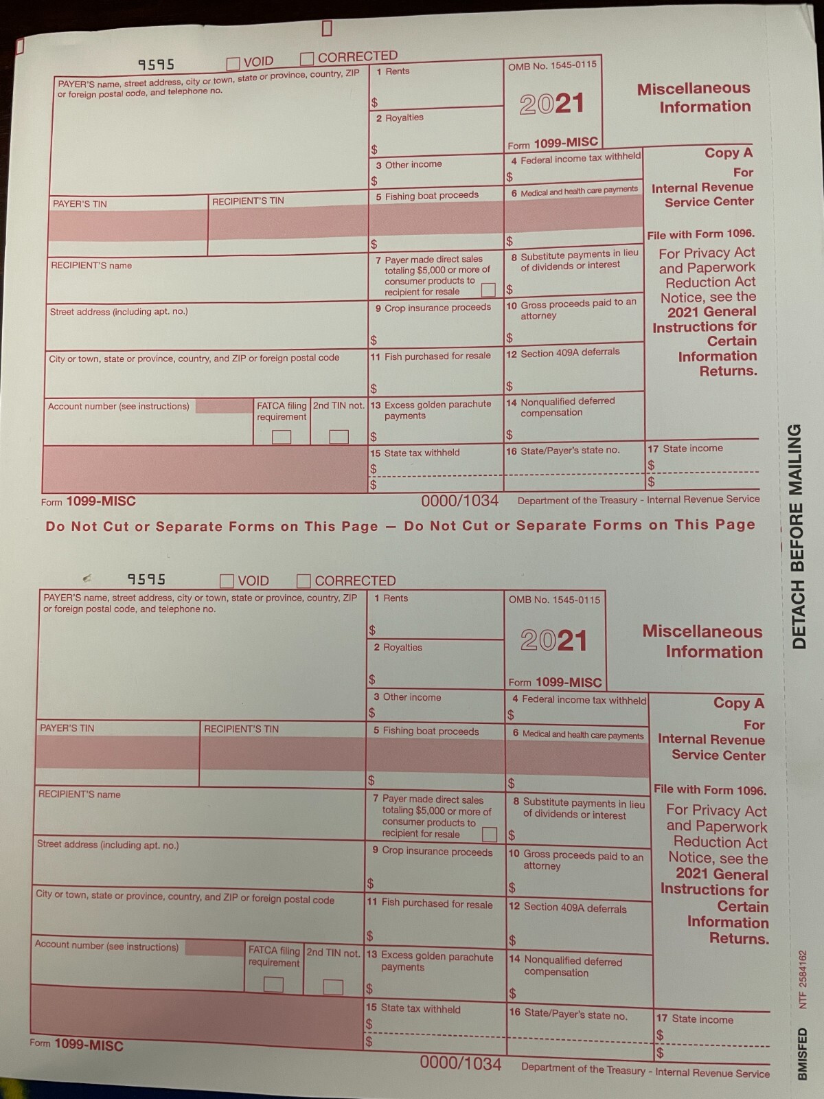 2021 1099 MISC – (1) For 2 Recipients – 3-Part Set with env – Laser