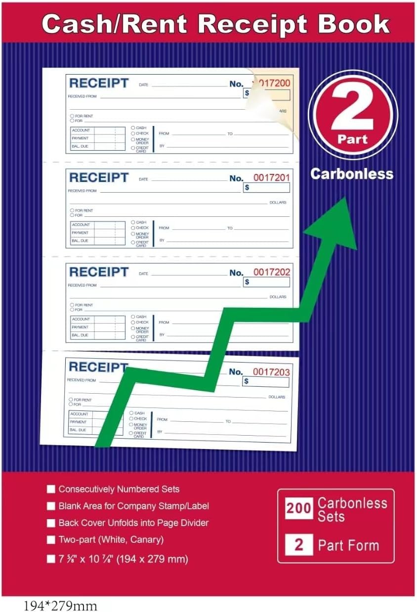 Comprehensive Rent Receipt Book with Spiral Binding – 200 Sets, 4 Receipts/page