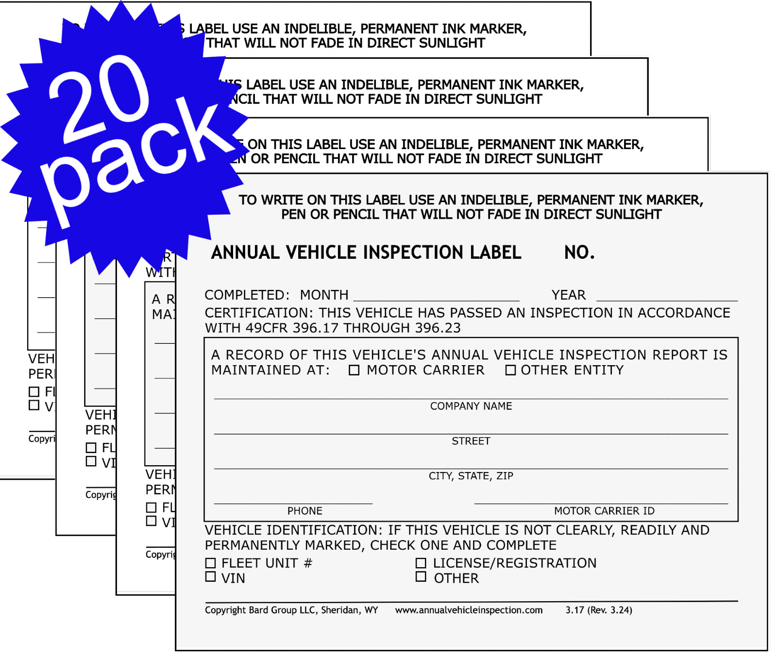 Annual Vehicle Inspection Label 2-Ply Laminated Sticker. 20-PACK. Not numbered.