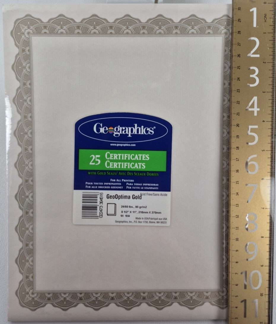 Geographics Acid Free Certificates 8-1/2 x 11 Optima Gold Border 25/Pack