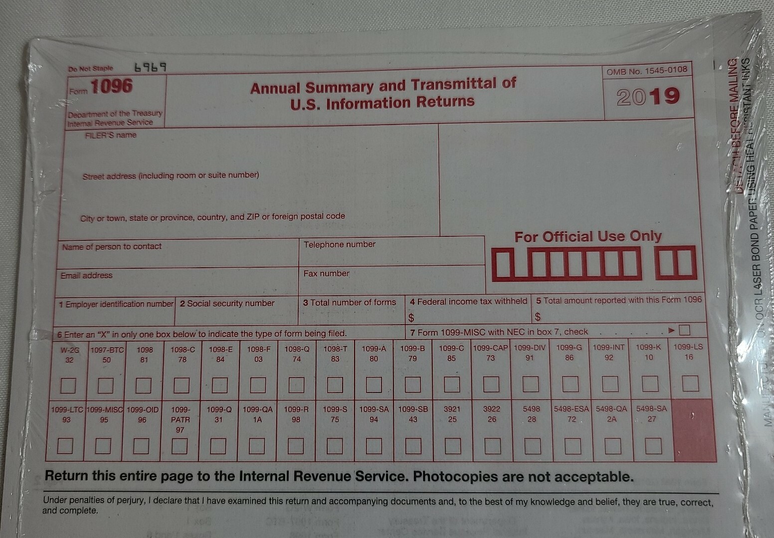 25-pack-Transmittal 2019 Tax Form 1096 Summary Laser Tax Forms 1096 Forms