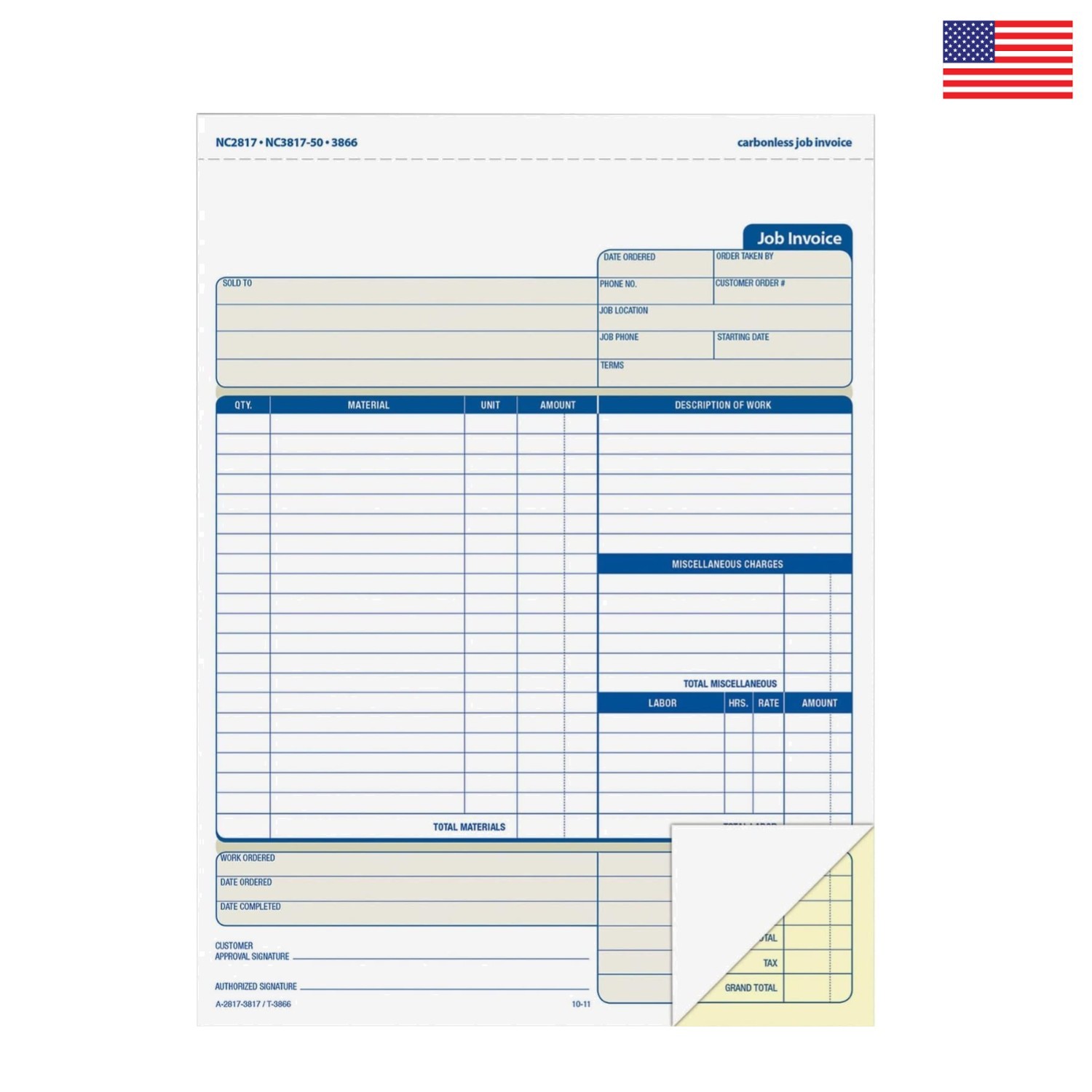 Job Invoice Forms, 2-Part Carbonless, for Service and Repair Billing, 100 Indivi